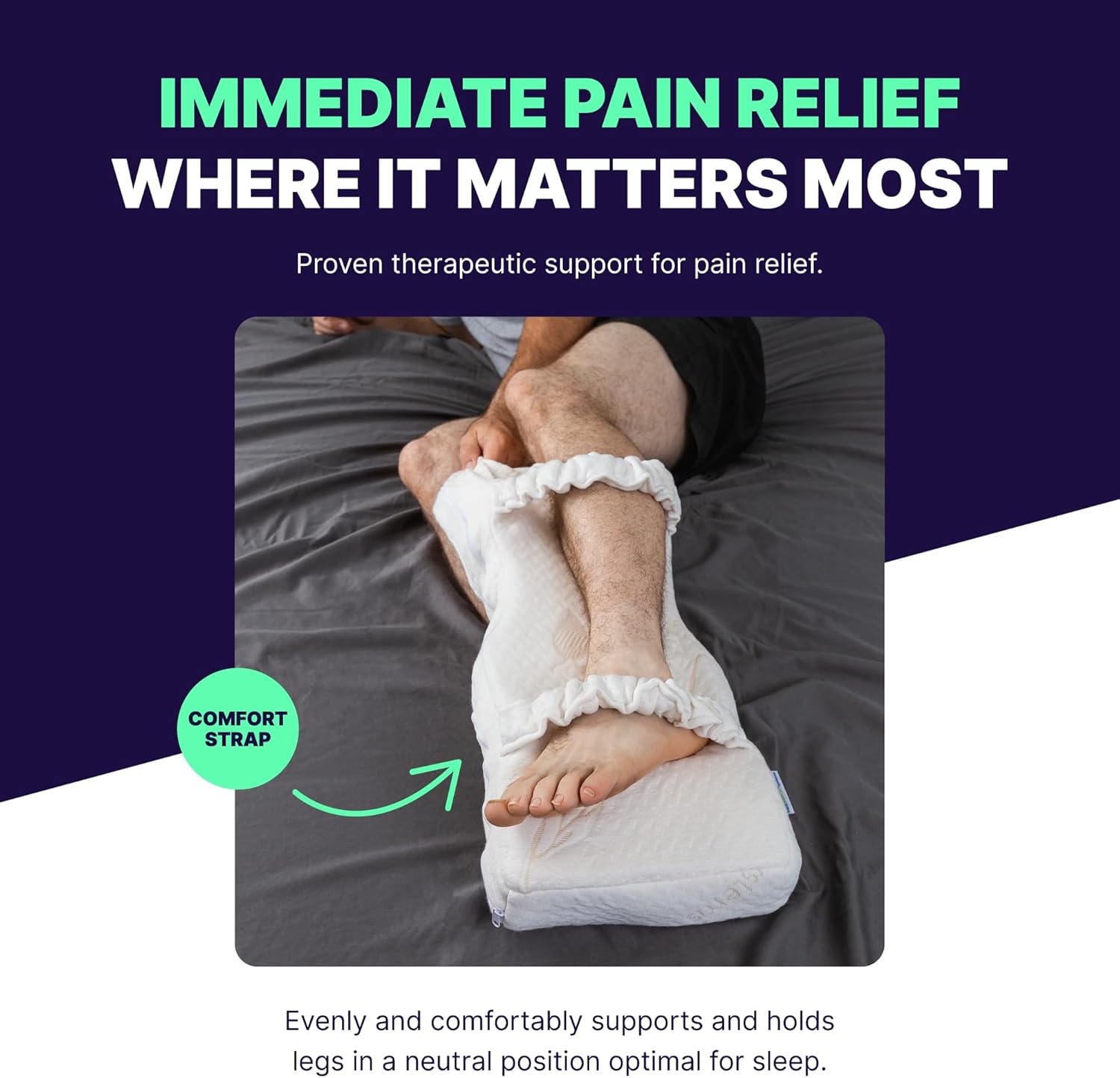 Back Support Systems Knee-T Knee Pillow for Side Sleepers – Memory Foam Leg Pillow for Side Sleeping with 1 Elastic Strap and Sherpa Cover - Supports Lower Back, Hip and Leg Positioning, Standard