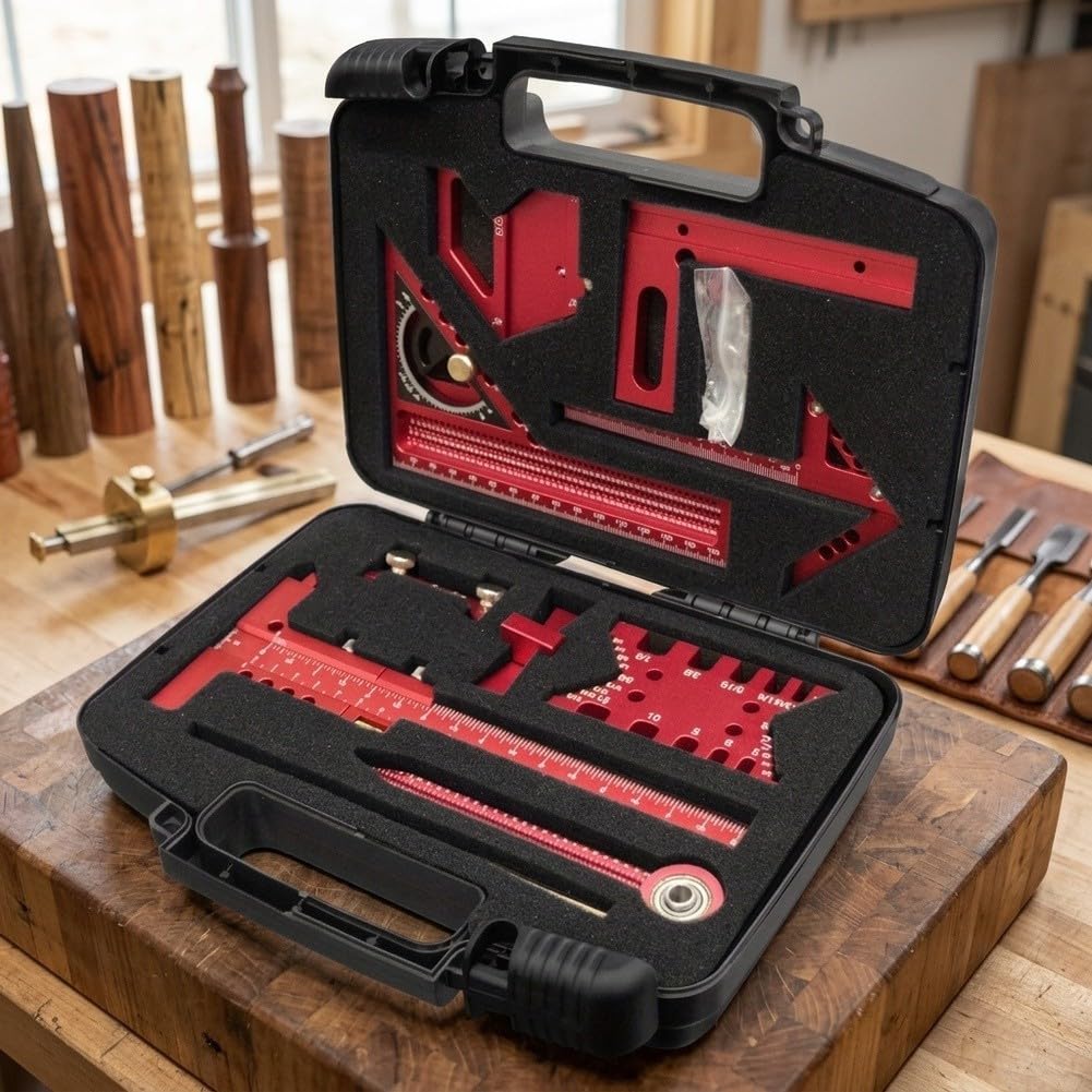 Kit de herramientas de diseño de aleación de aluminio para carpinteros con regla de ángulo cuadrado, regla de cola de milano, centro de escritura y herramientas de marcado (9 piezas)