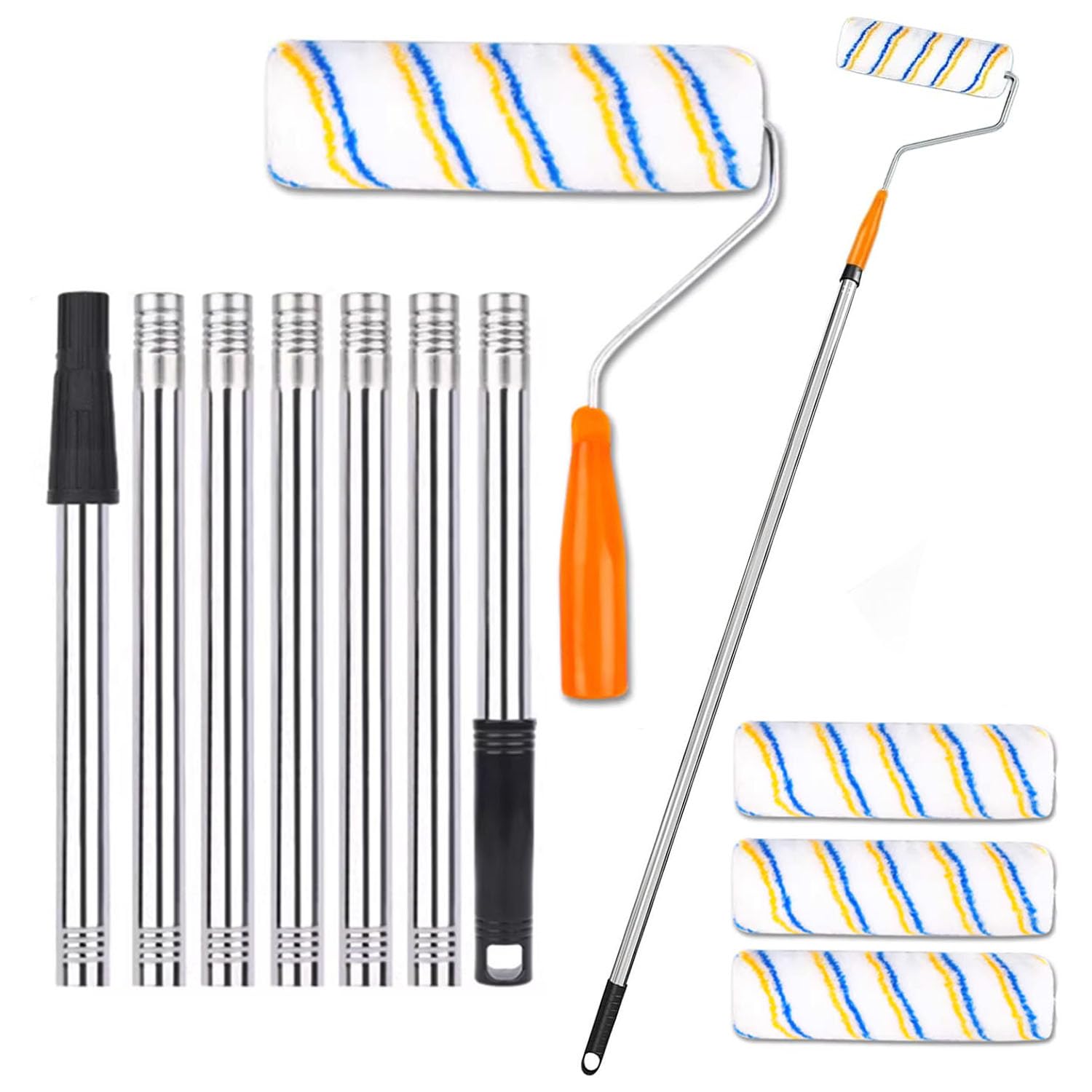 Paint Roller Kit,Paint Roller Brush Set with 8FT Stainless Steel Pole and 3pcs 9Inch Roller Covers,Multi-Function Long Paint Roller Household Wall Painting Tool,for Walls and Ceiling