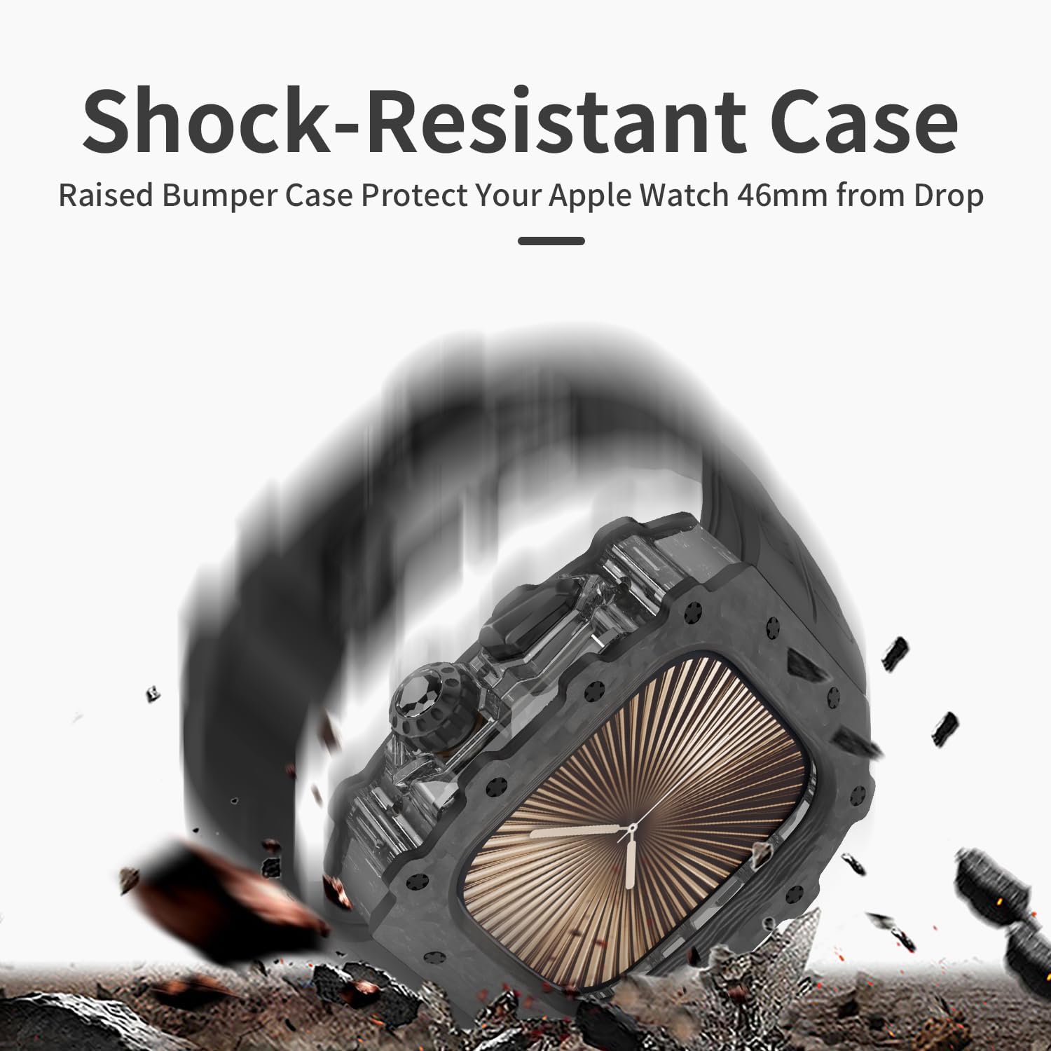 Carbon Fiber Case for Apple Watch 11/10 46mm Fluoroelastomer Band, Luxury Carbon Fiber Bumper Cover for iWatch Series 46mm Shock-Resistant Case Replacement FKM Strap (Black)
