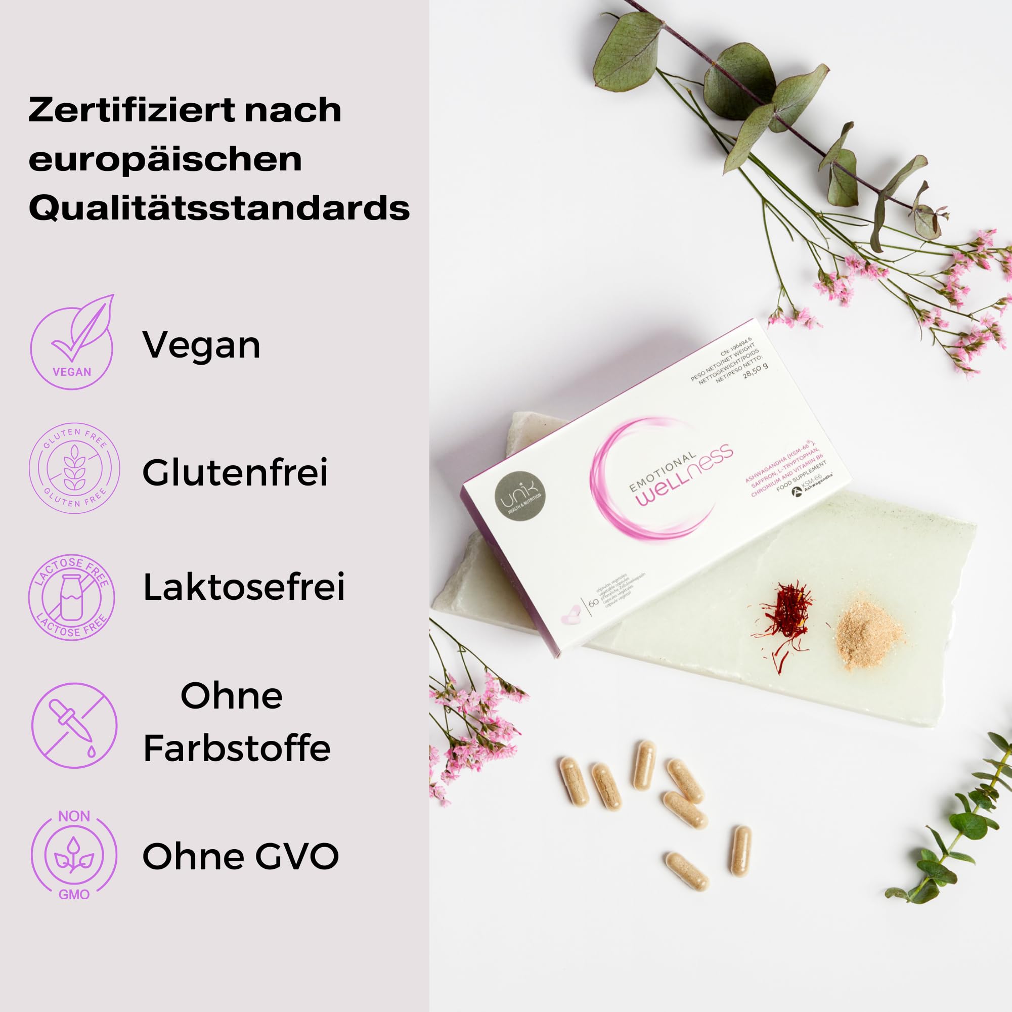 Ashwagandha KSM-66 600mg, Tryptophan 150mg und Chrom | EMOTIONALES WOHLBENFINDEN | Um Angst, Stress und Schlaflosigkeit zu reduzieren | Mit Safran und Vitamin B6 | 60 Kapseln. UNIK Health & Nutrition