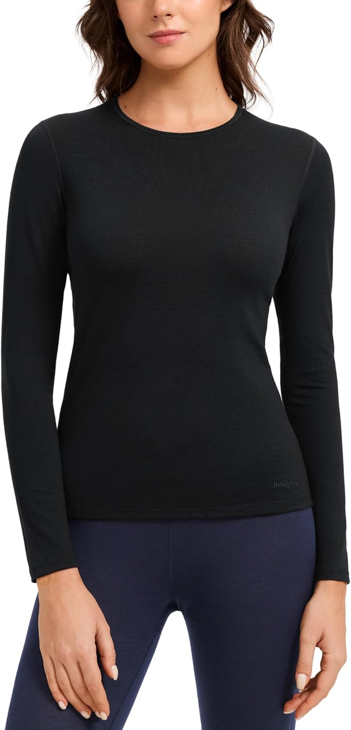 Innophra Womens 190 Merino Wool Base Layer Shirt - Hiking Outdoor Casual Long Sleeve Thermal Underwear Soft Breathable Tops