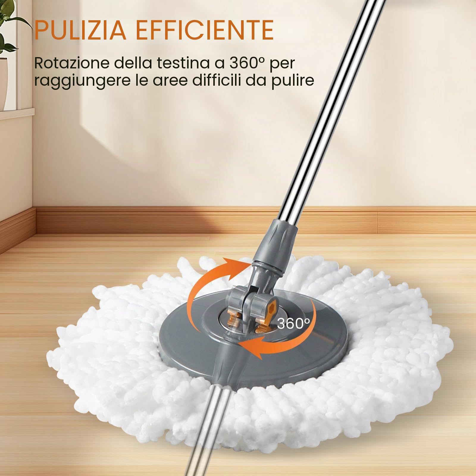 Rainberg Set mocio rotante e secchio con 3 teste extra, manico allungabile da 130 cm, teste in microfibra lavabili in lavatrice, sistema autorestrizzante, grigio e arancione (set mocio rotante)