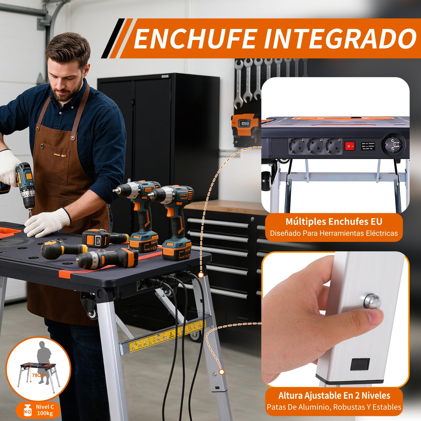 TLGREEN Banco de Trabajo Portátil 7 en 1 Plegable Altura Ajustable con Marcas de Ángulo y Ruedas