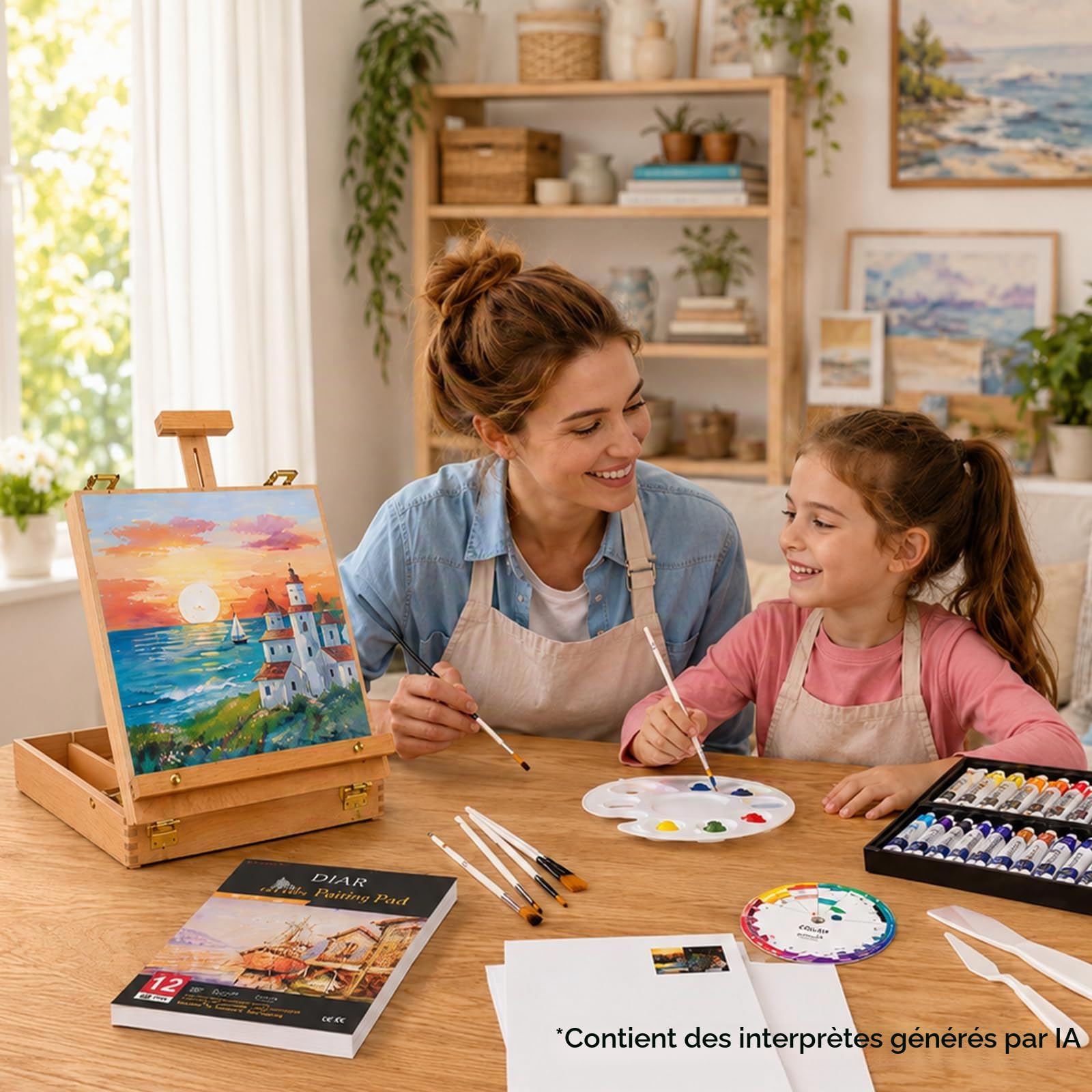 DJAR Ensemble de 49 pièces de peinture acrylique avec chevalet de table, kits de peinture avec 24 peintures acryliques de couleur, toile tendue de 27,9 x 35,6 cm, fournitures de peinture d'art pour
