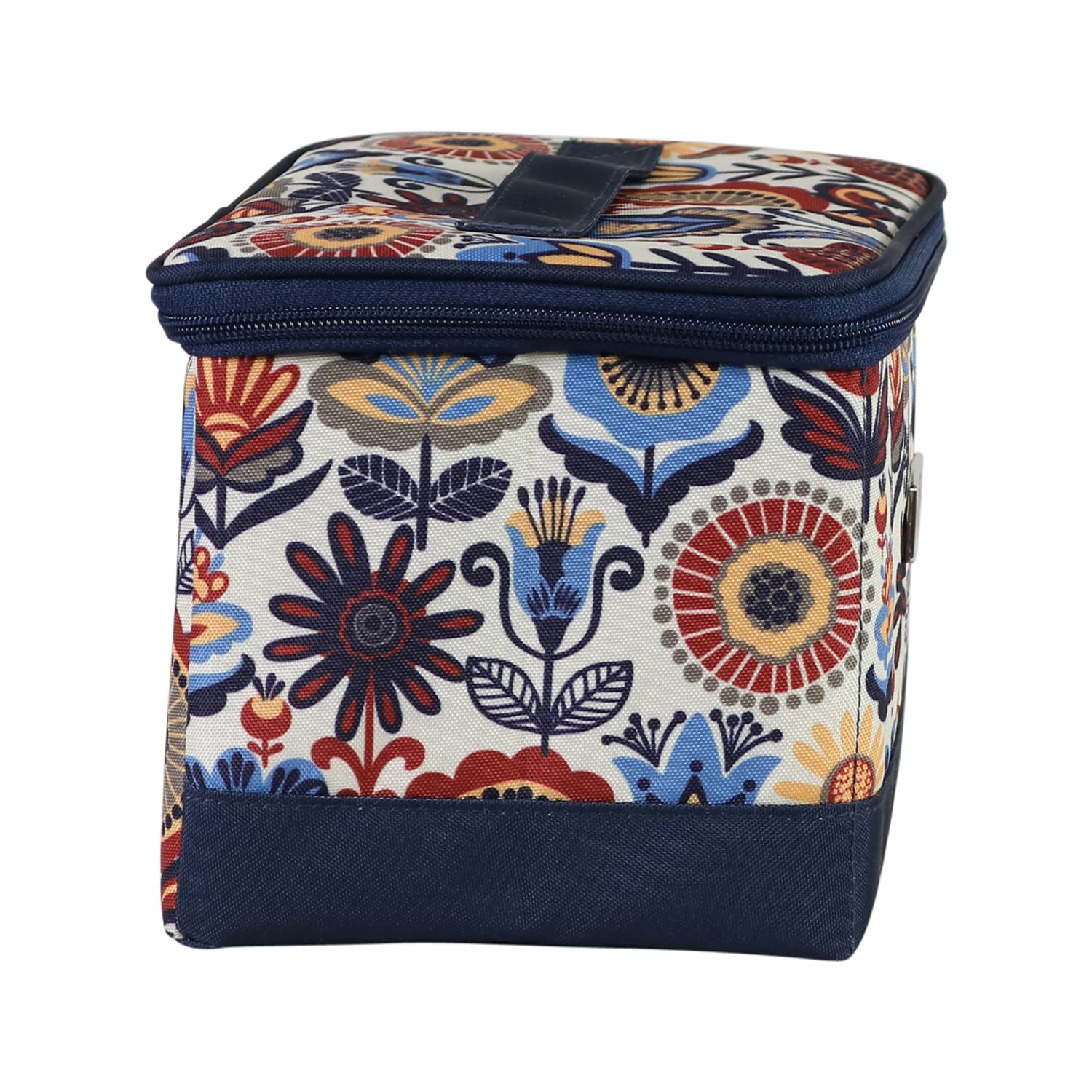 Caja de costura Everything Mary con compartimentos, azul marino y estampado floral multicolor - Cesta plegable para guardar y organizar materiales de costura, accesorios, hilo, agujas y tijeras -