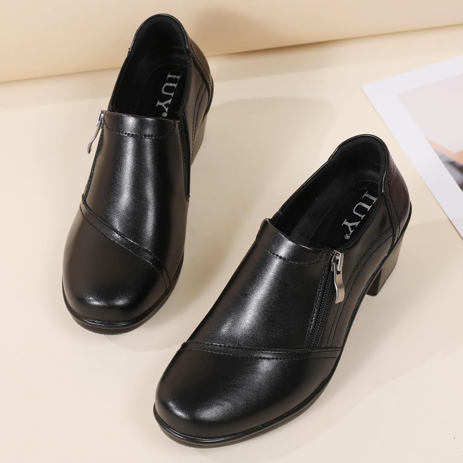 Loafers for Women Black Dress Shoes high Heel Loafers & Slip-Ons Zipper Chunky Block Comfortable Dressy Pumps Business Casual Ladies Heeled Work Office Flight Attendant Shoes - Image 4