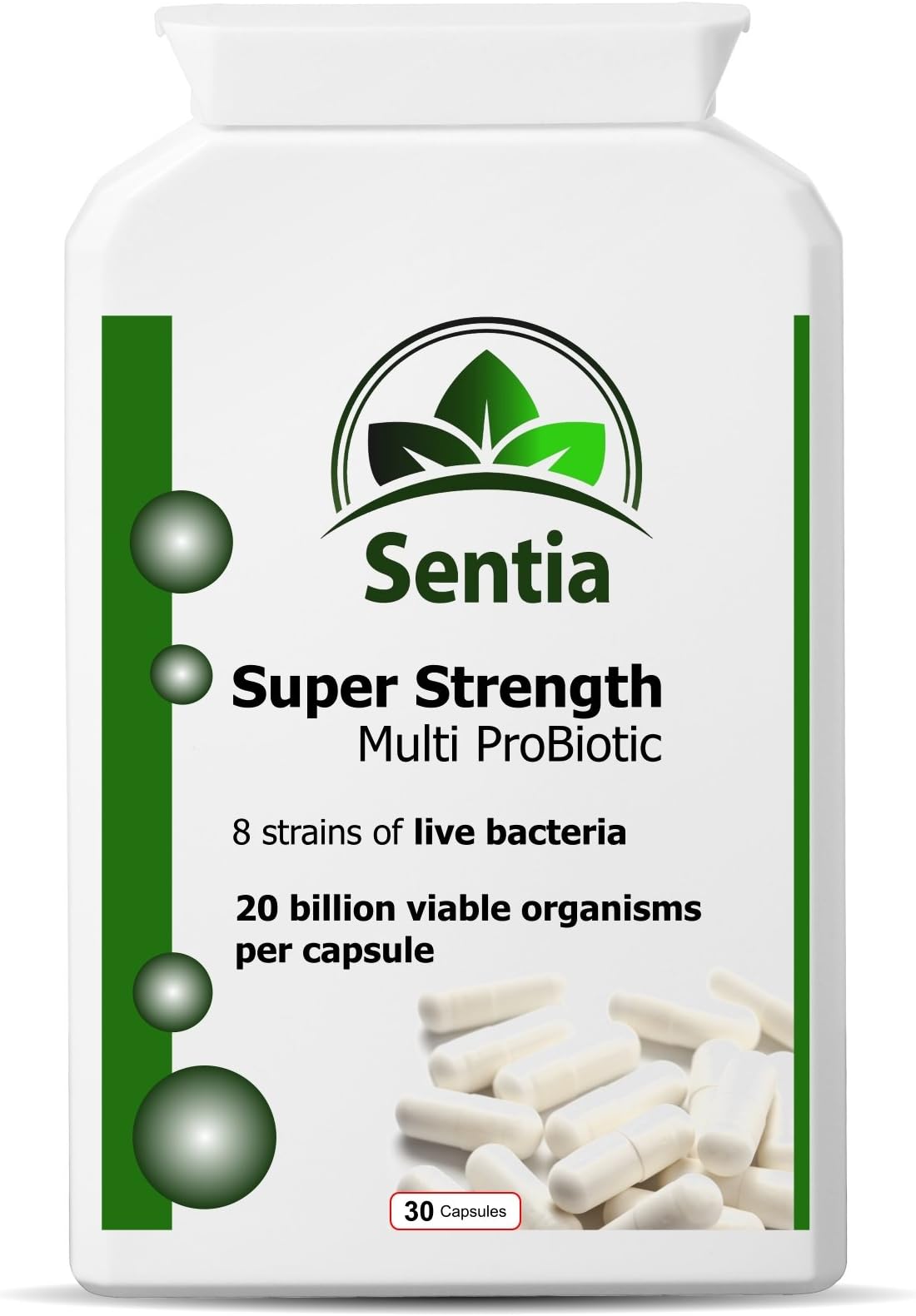 Strong PROBIOTIC. Equivalent to 40 pots of probiotic Yoghurt. Provides 8 strains of Friendly lactic Bacteria. Healthy Gut Flora. Healthy Immune System & Digestive System
