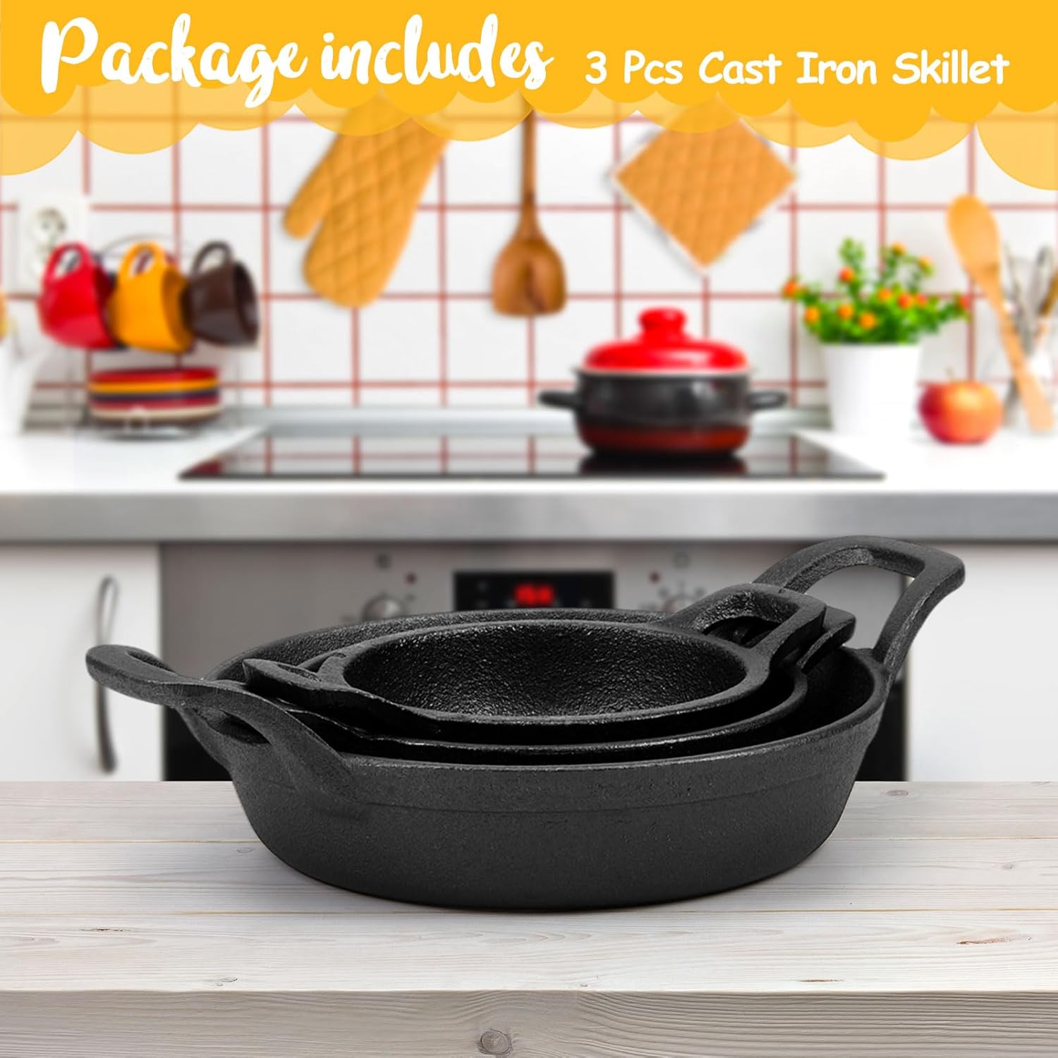 Ziliny 3 Piece Mini Cast Iron Skillet Set with Handles Pre-seasoned Small Cast Iron Skillet Pan, 4", 5", 6.3", Black Frying Pans for Cooking, Saute, Pizza, Oven Stove Grill Use