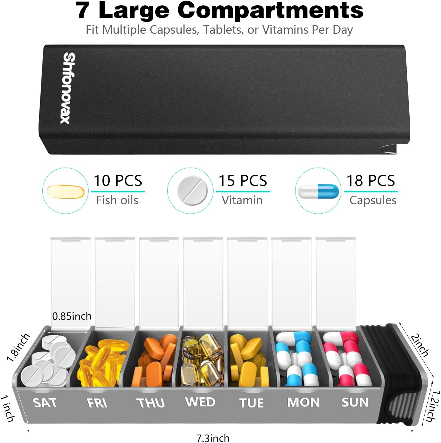 Weekly Metal Pill Organizer, Large Capacity 7 Day Travel Pill Organizer for Adults & Seniors, Portable Vitamin & Supplement Pill Box with Secure Sliding Design (Black)