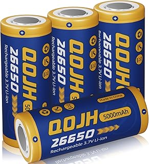 3.7 Volt Rechargeable Batteries 26650 Battery, 4 Pack 5000mAh Real Capacity High Capacity 26650 Rechargeable Battery for Flashlights, Emergency Lights, Reading Lamp