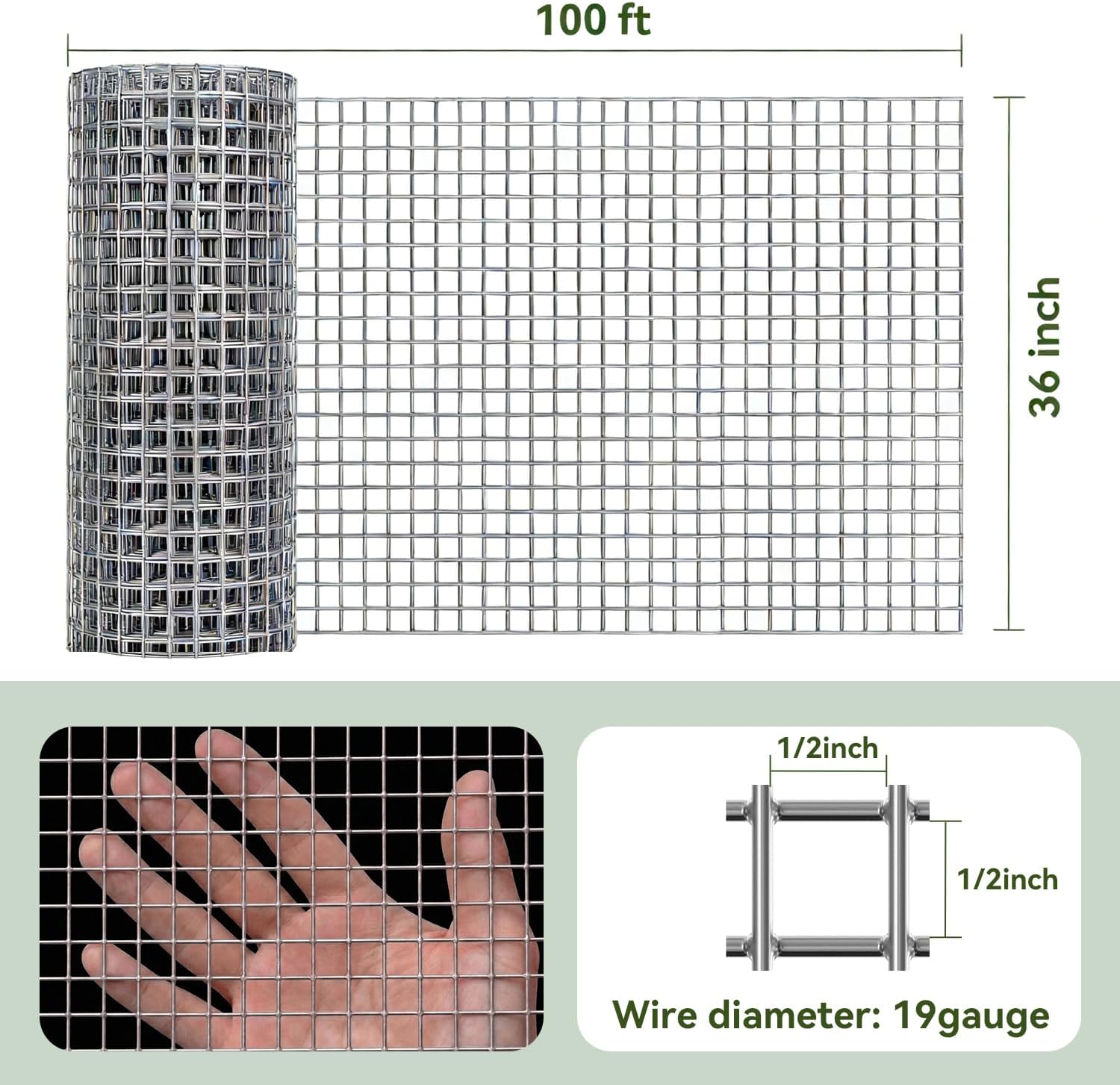 Amagabeli Hardware Cloth 1/2 inch 36inx100ft 19 Gauge Chicken Wire Hot-Dipped Galvanized After Welding Welded Wire Fencing Mesh Roll Garden Plant Support Poultry Netting Rabbit Cage Snake Gopher Fence