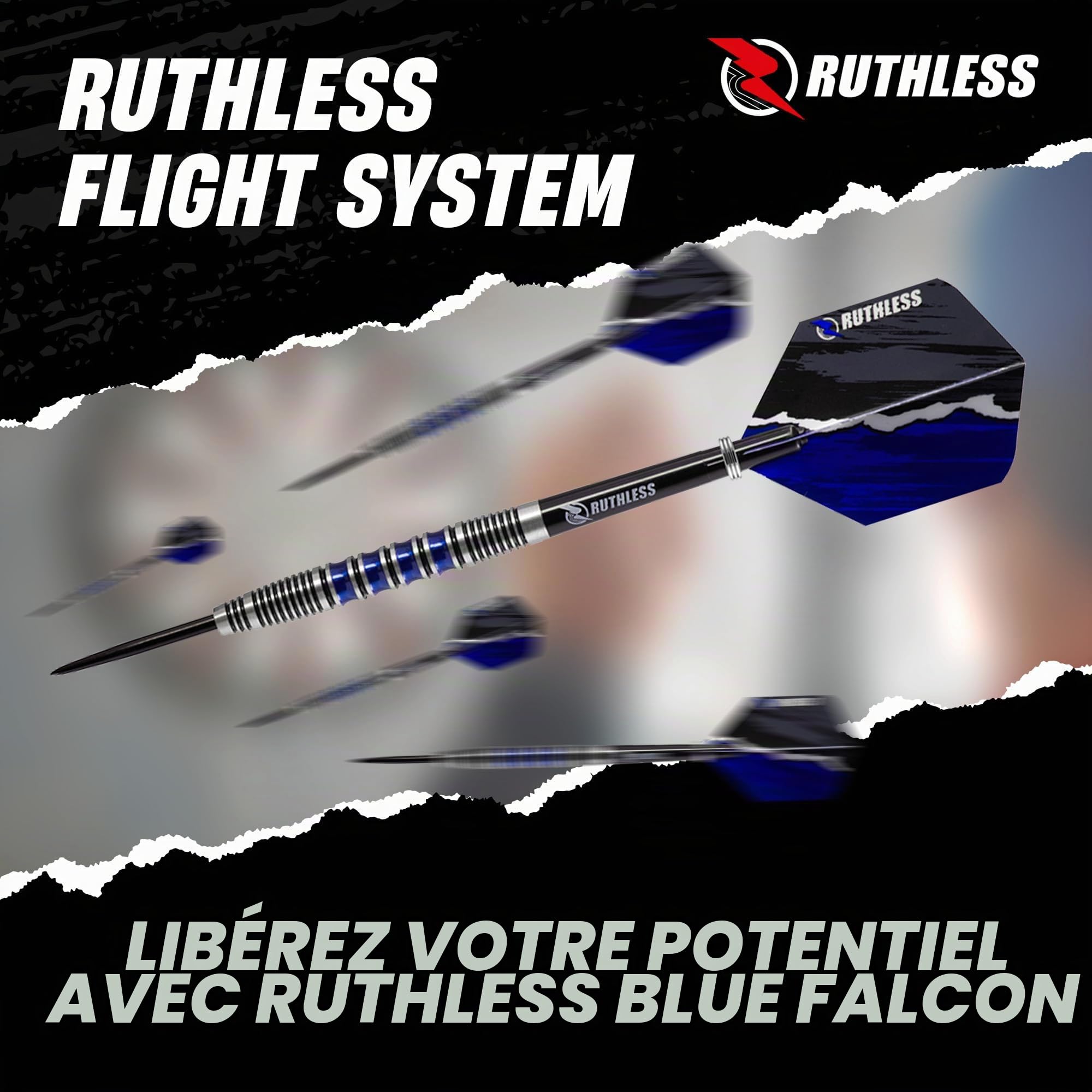 RUTHLESS Blue Falcon Jeu de fléchettes professionnelles en tungstène avec ailettes et tiges 23 g et 25 g