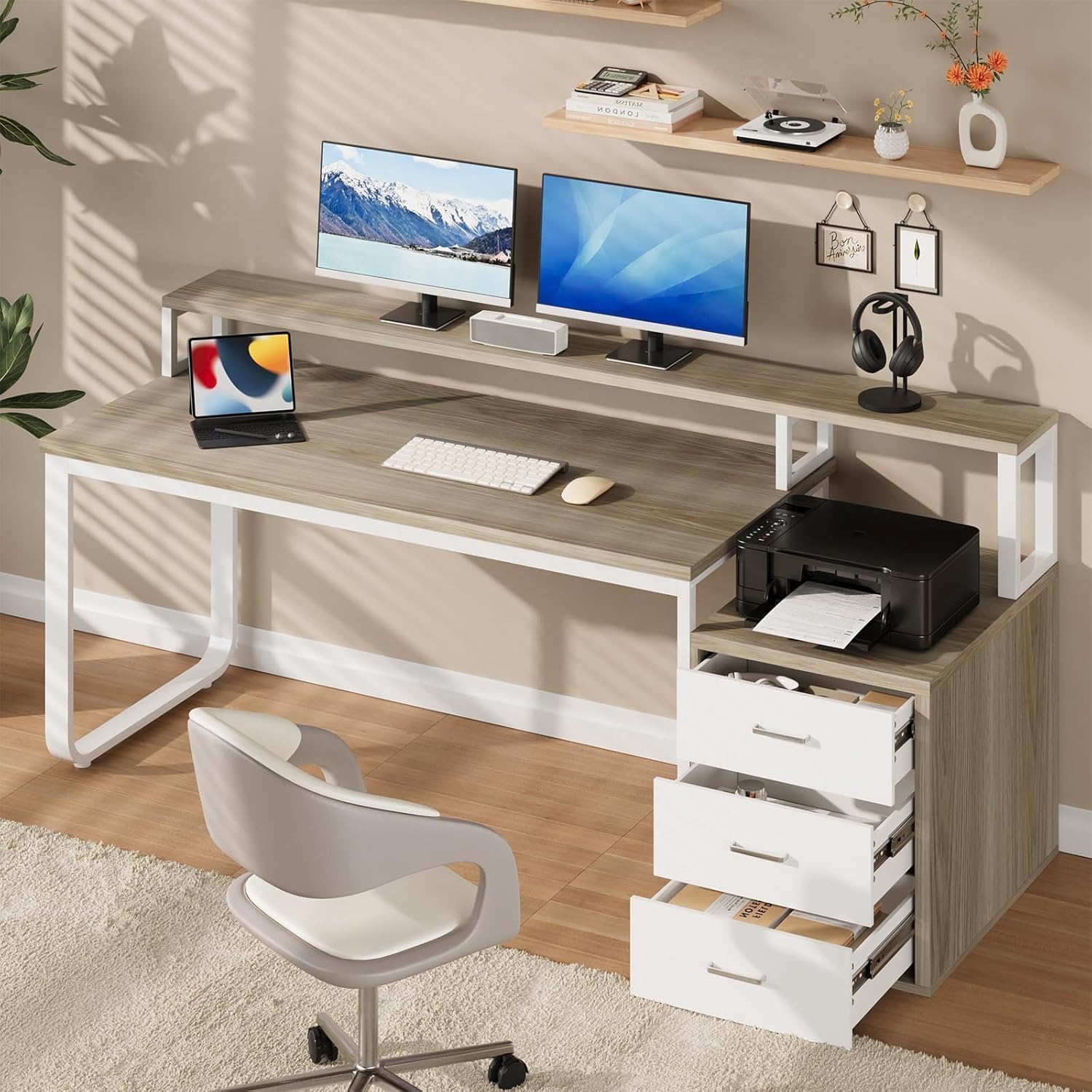 67'' Home Office Desk with Drawers, Computer Desk with Drawers and LED Lights, Long Desk with Moniter Stand, White and Walnut