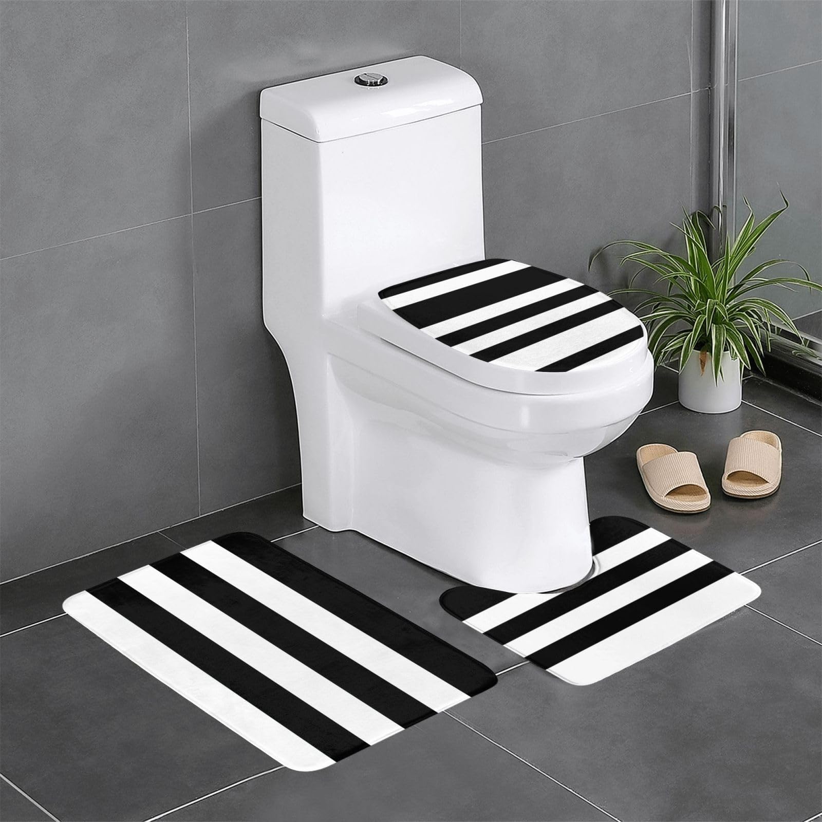 Tapis de bain antidérapant rayé noir et blanc chic pour salle de bain moderne
