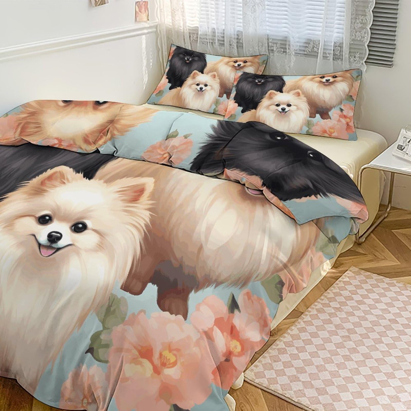 Housse de couette respirante et douce motif Poméranien lit 3 pièces
