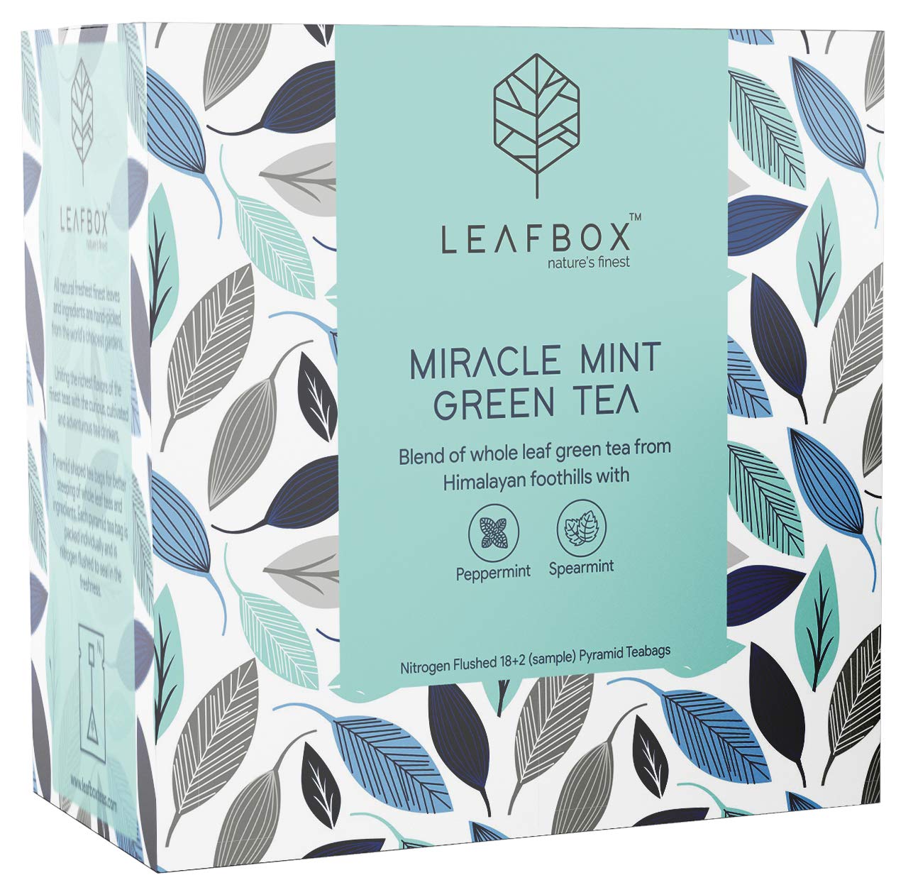LEAFBOX MIRACLE MINT GREEN TEA 20 Nitrogen Flushed Pyramid Tea Bags (18 + 2 Free Samples