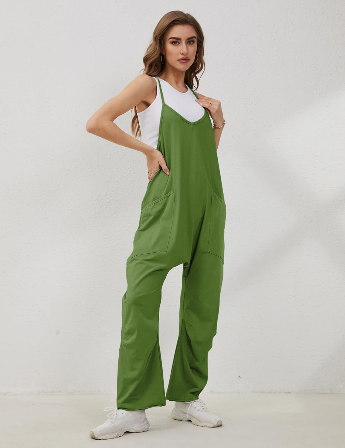 Lentta Women's Causal Jumpsuits V Neck Sleeveless Harem Overalls Stretchy Adjustable Strap Romper with Pockets - Image 5