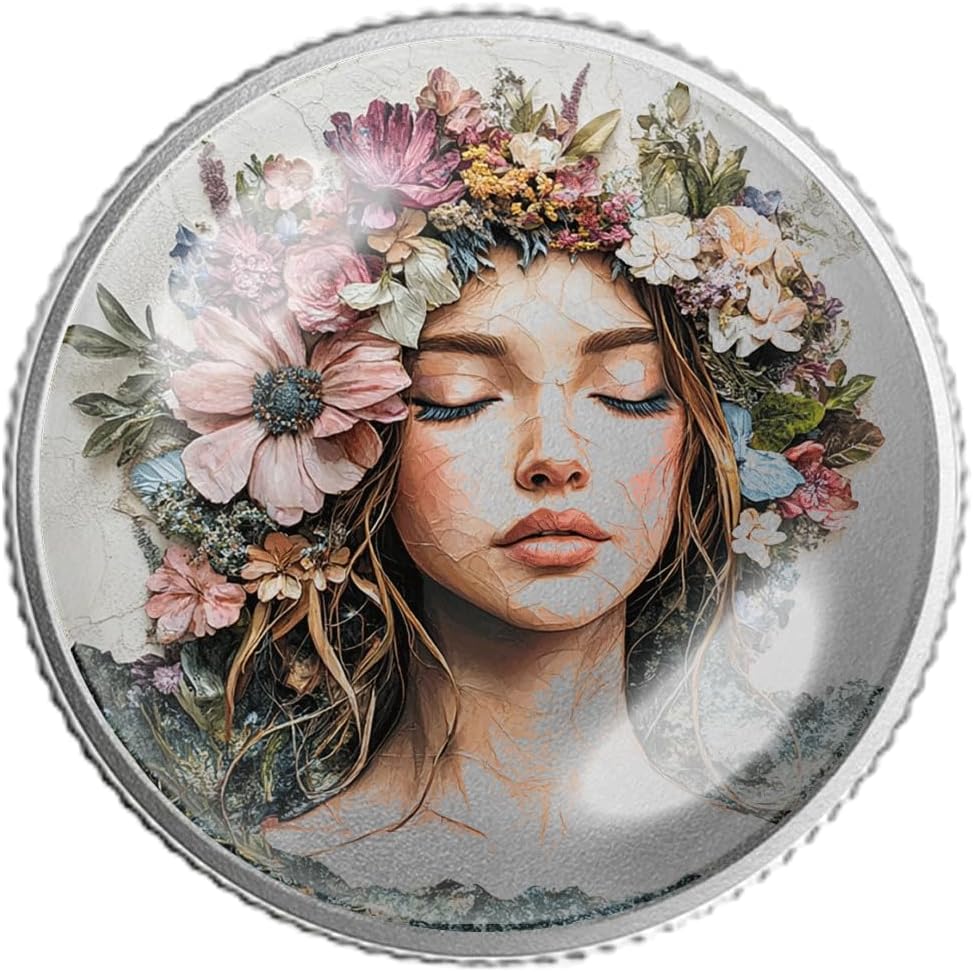 Floral Awakening Coin – Beautiful Flower Crown Medallion – Symbol of Renewal, Feminine Strength & Natural Beauty (Silver Color)
