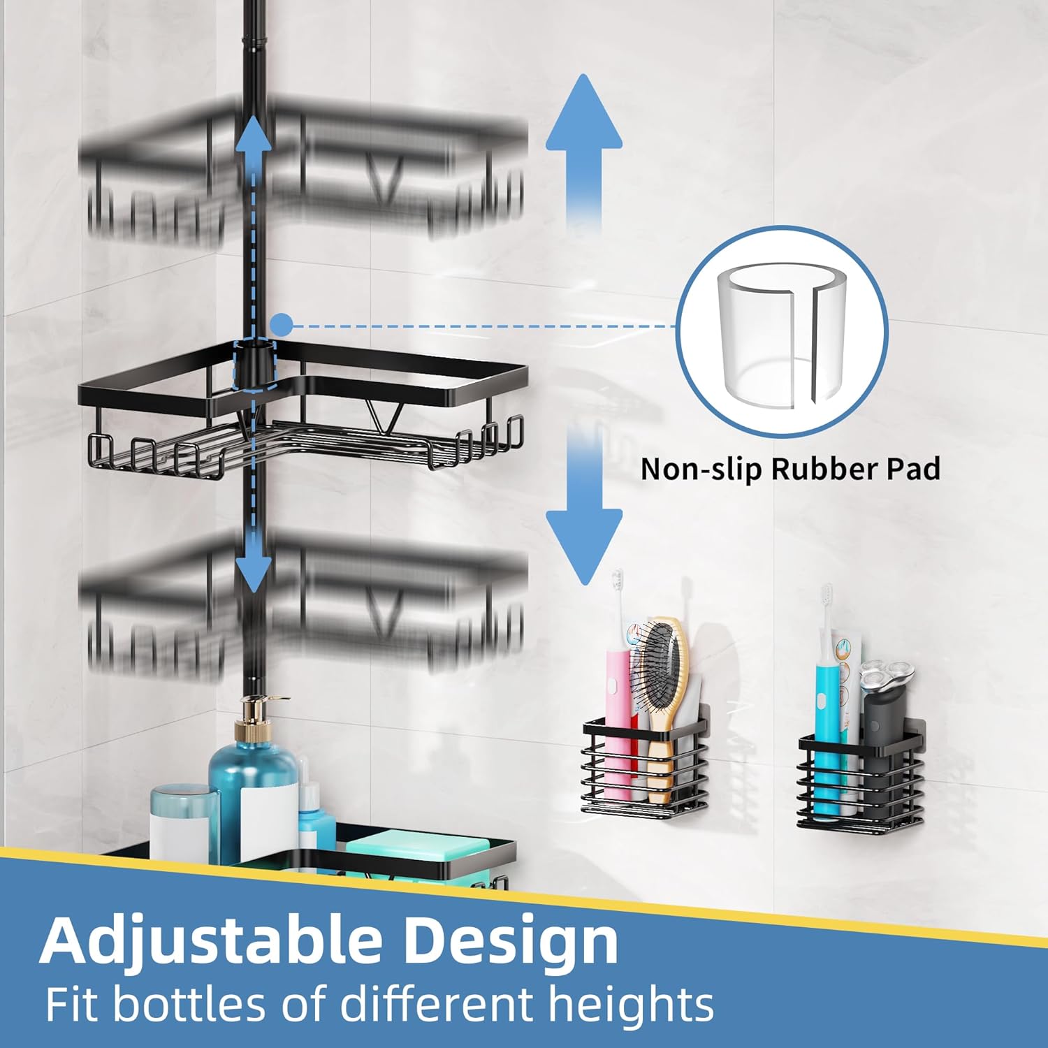 KEGII Set of 2 Wall Mount Toothbrush Holders with Tension Pole Shower Caddy, Rustproof Bathroom Organizer with Soap Holder & Hooks, 4 Adjustable Shower Shelves for Renters, 25-114.2 inch Black