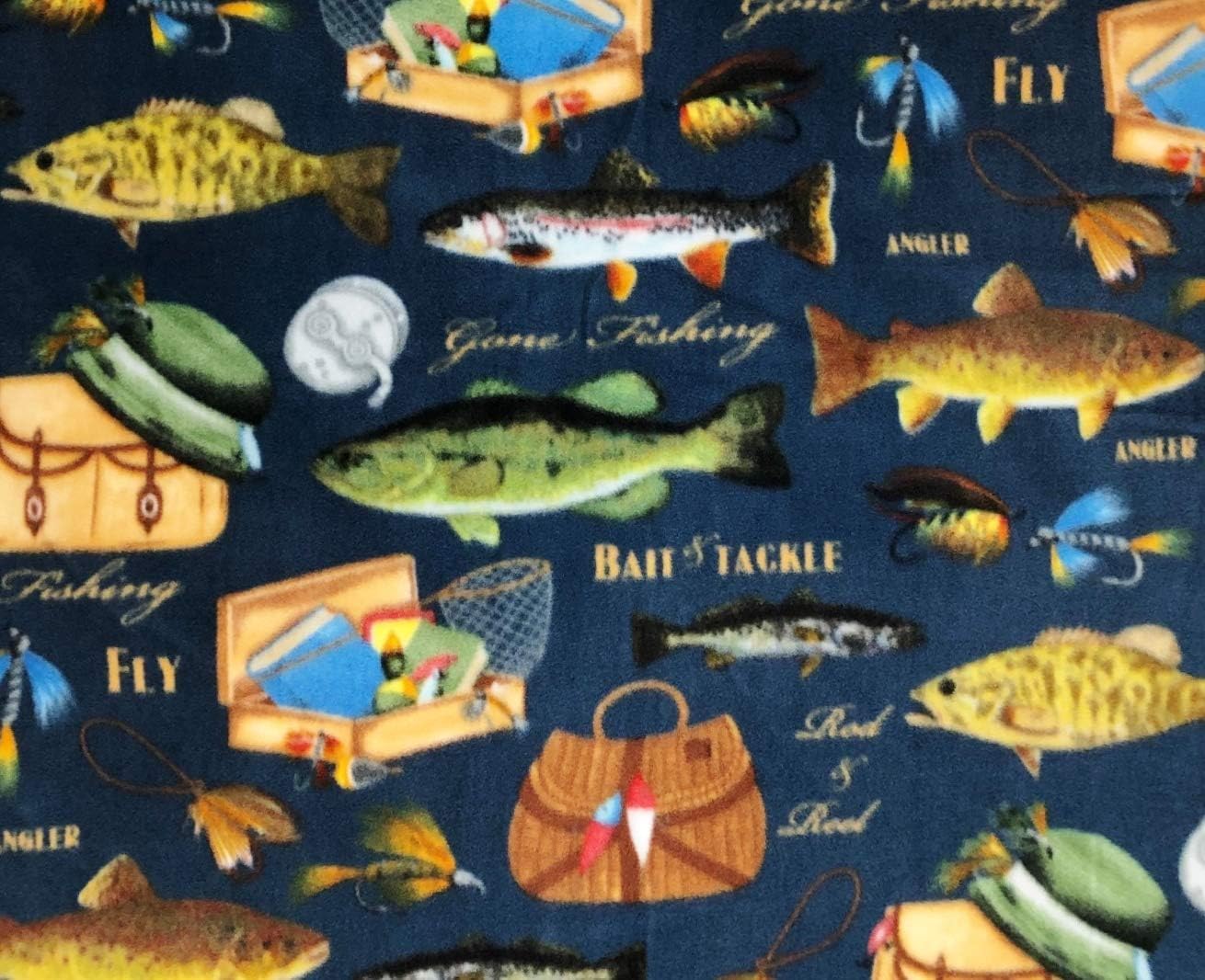 Fishing Tackle Fish & Creels on Blue Fleece Fabric Panel (Great for Quilting, Sewing, Craft Project, Throw Blanket, Wall Hanging, and More) 56 x 78
