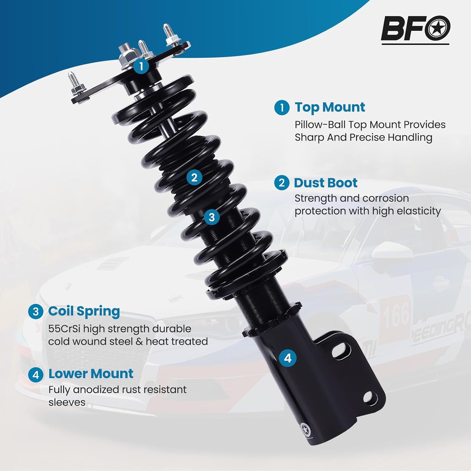 BFO Coilovers for Toyota Corolla 1987-1999 E90 E100 E110 AE92 AE101 AE111, Ride Height Adjustable Coilovers Suspension kit, Preset Damping Shock Absorber Struts, Lowering Kit Black