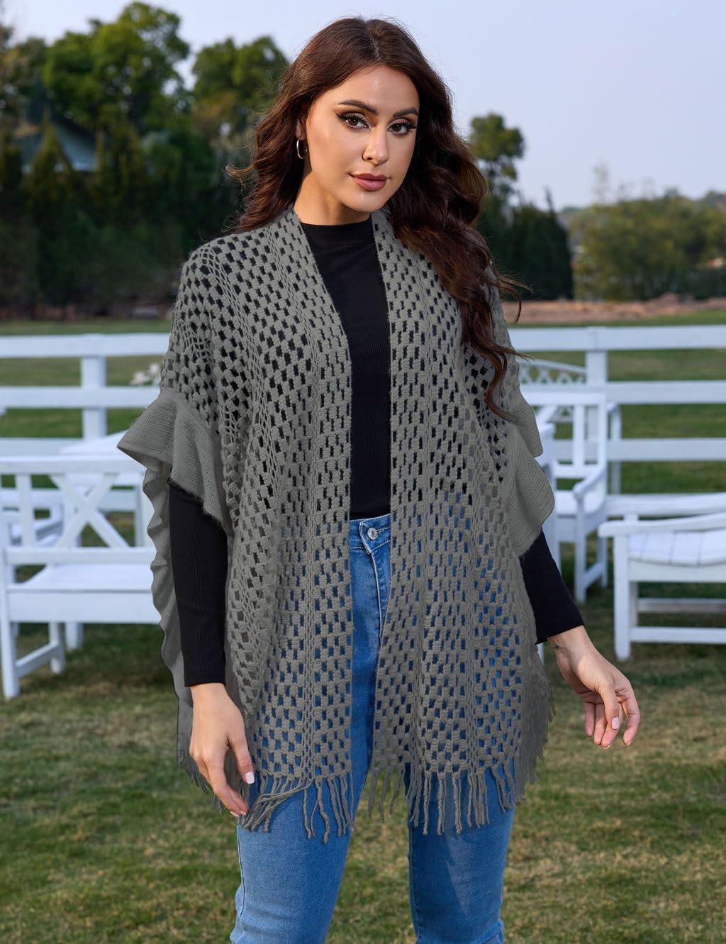 Ferand Women's Lightweight Ruffle Shawl Wraps Open Front Crochet Fringe Poncho Cardigan for Spring and Summer - Image 2