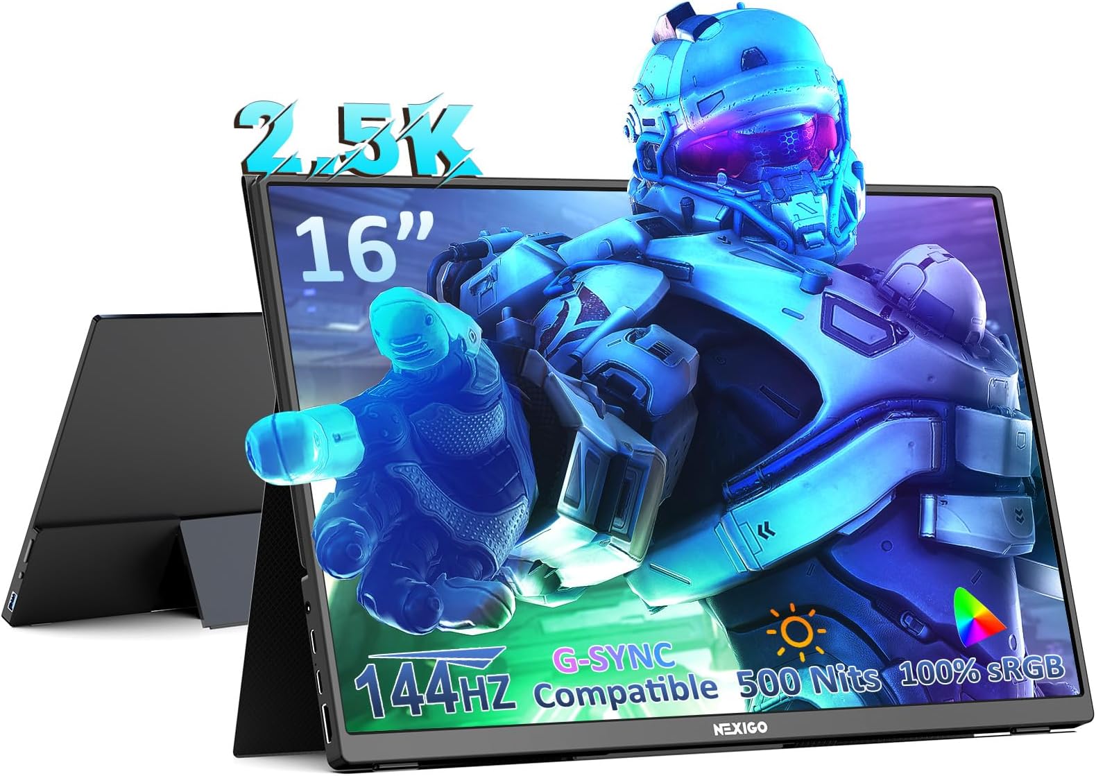 NexiGo2.5K 144Hz 16'' Portable Gaming Monitor, 500Nits, FreeSync, G-SYNC Compatible, 10Bit, HDR, Dual Speakers, HDMI USB-C, PC/PS5/Xbox/Switch, Built-in Kickstand with Cover, for Home/Office/Esports