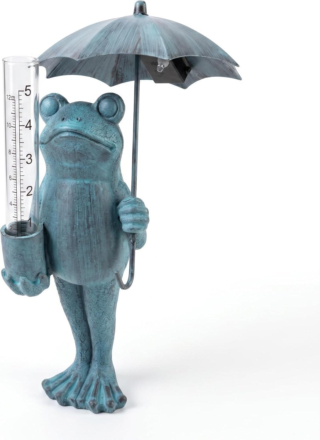 Topadorn Frog Rain Gauge, 21.5" Solar LED Outdoor Garden Stake with Umbrella, 5" Capacity Easy-to-Read Rainfall Meter, Blue Resin Decor