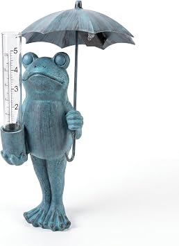 Topadorn Frog Rain Gauge, 21.5" Solar LED Outdoor Garden Stake with Umbrella, 5" Capacity Easy-to-Read Rainfall Meter, Blue Resin Decor