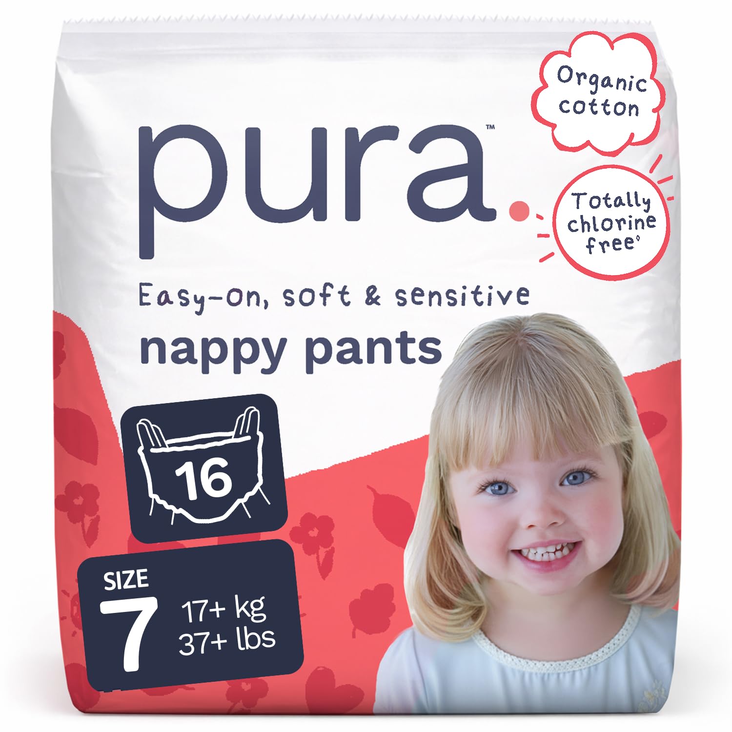 Pura Nappy Pants Size 7, 16 Count, 17kg+, 360° Stretch Fit, Potty Training Pants for Hypoallergenic & Sensitive Skin, Up to 12 Hours Overnight Leak Protection, Totally Chlorine Free