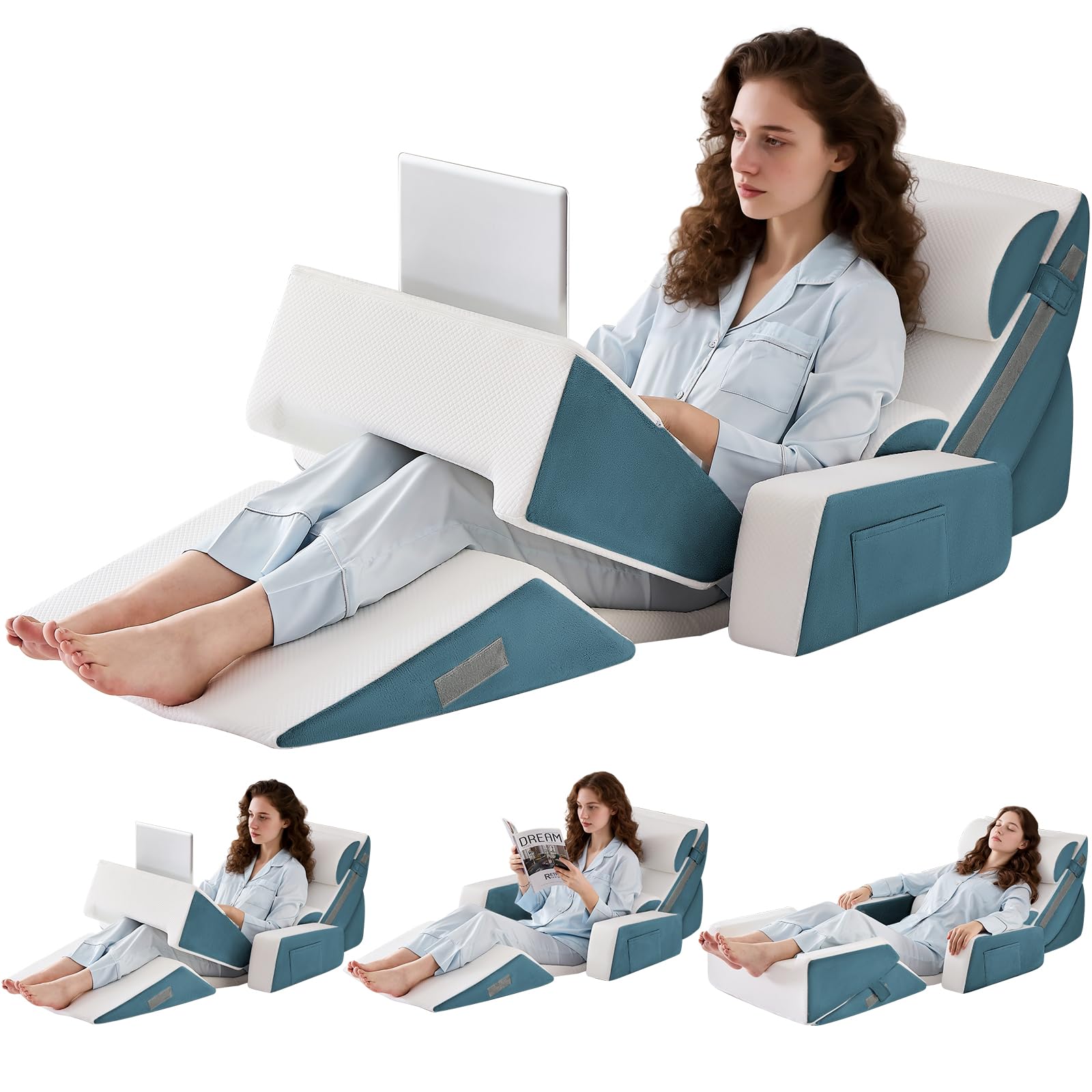 Photo 1 of Paxato 9PCS Wedge Pillow Set for After Surgery Recovery, Adjustable Memory Foam Neck Pillow, Foam Leg Pillow, Relieves Neck, Leg Pain, Sleep Apnea, and Functions as a Reading Pillow Blue