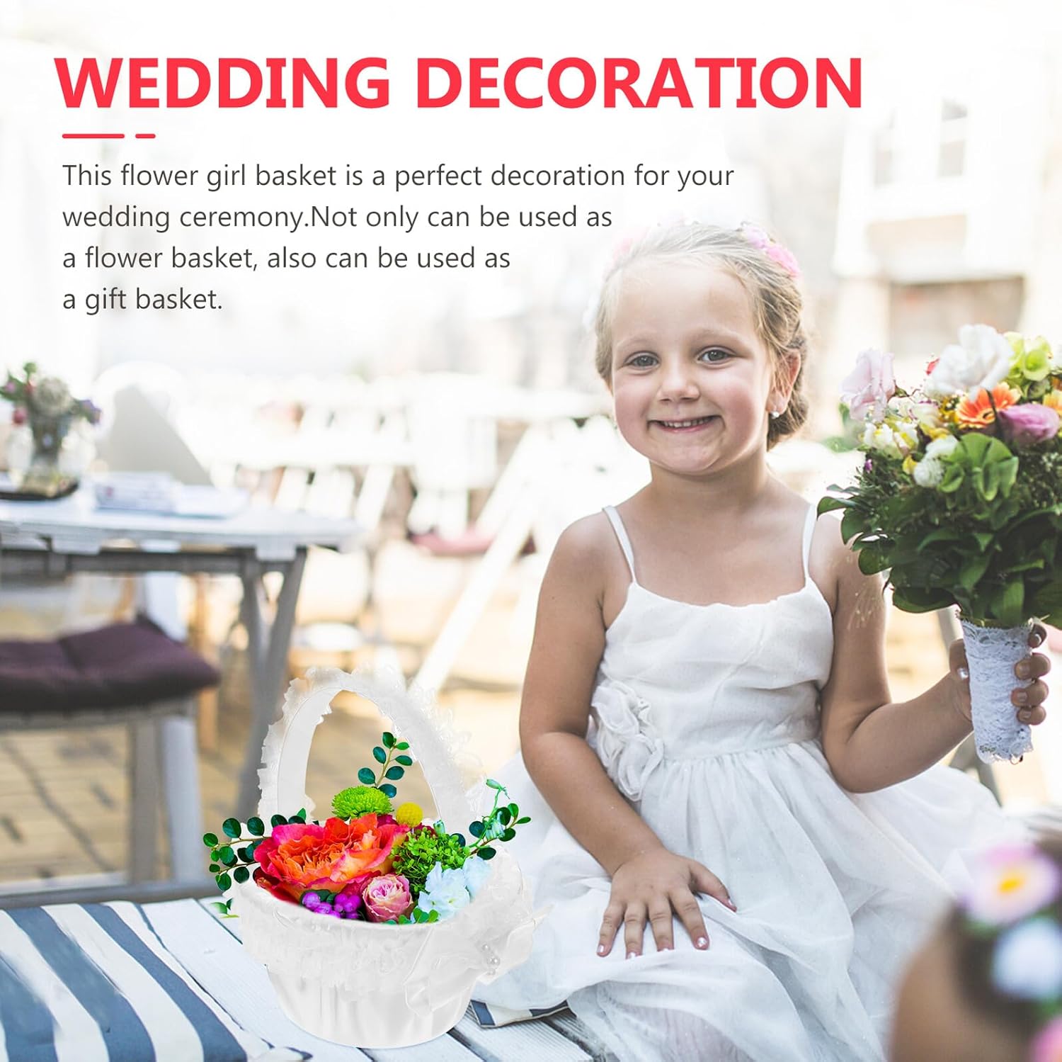 PRETYZOOM Delicate Wedding Flower Girl Basket with Bowknot and Pearl Handle, Woven Lace Handheld Basket for Bride and Ceremony Supplies