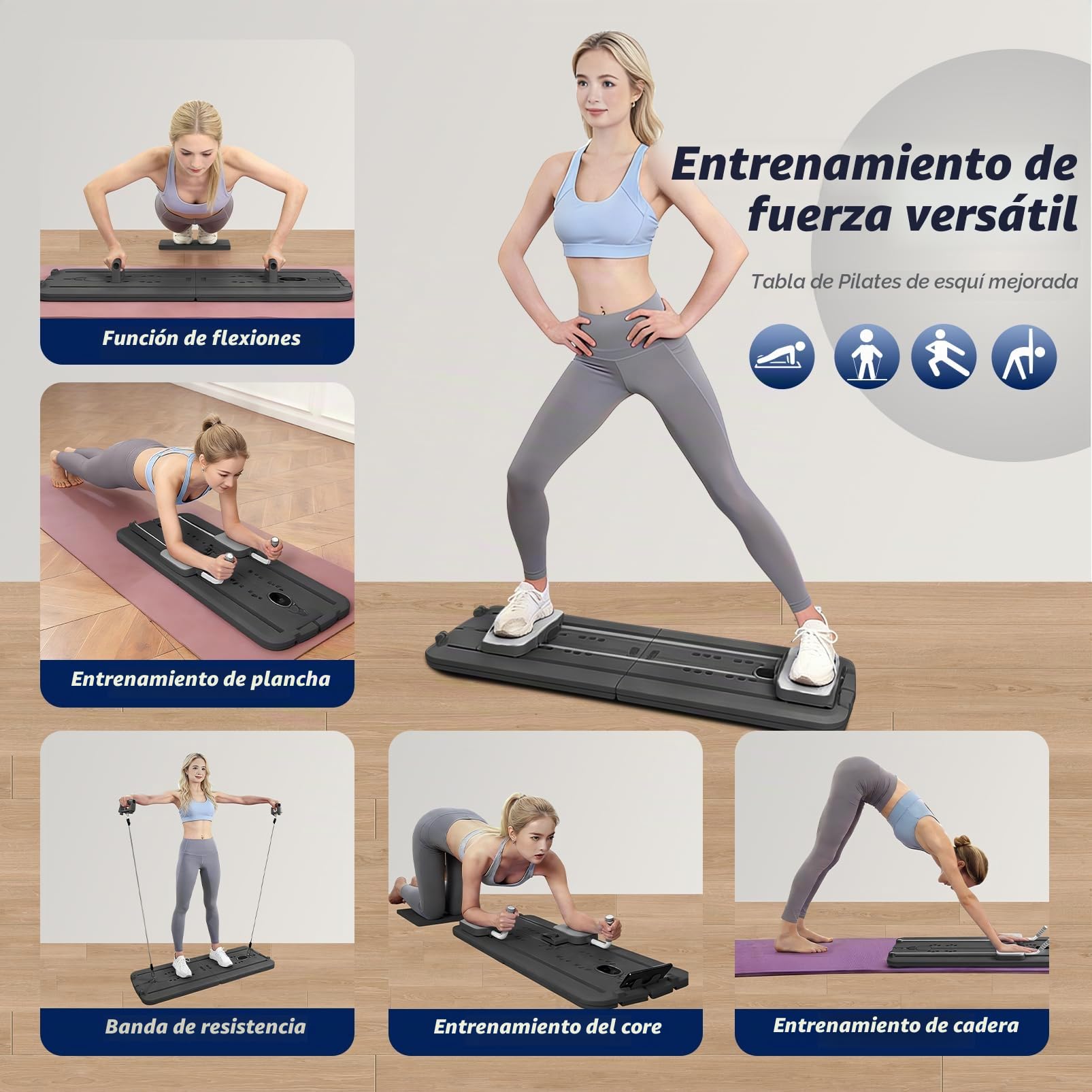 Tabla de Pilates en Casa,Pilates Reformer Multifuncional,Pilates Board | Maquina Abdominales Plegable,Cuerda de Tensión,Reformer Pilates Maquina con Push Up para Ejercicio en Casa