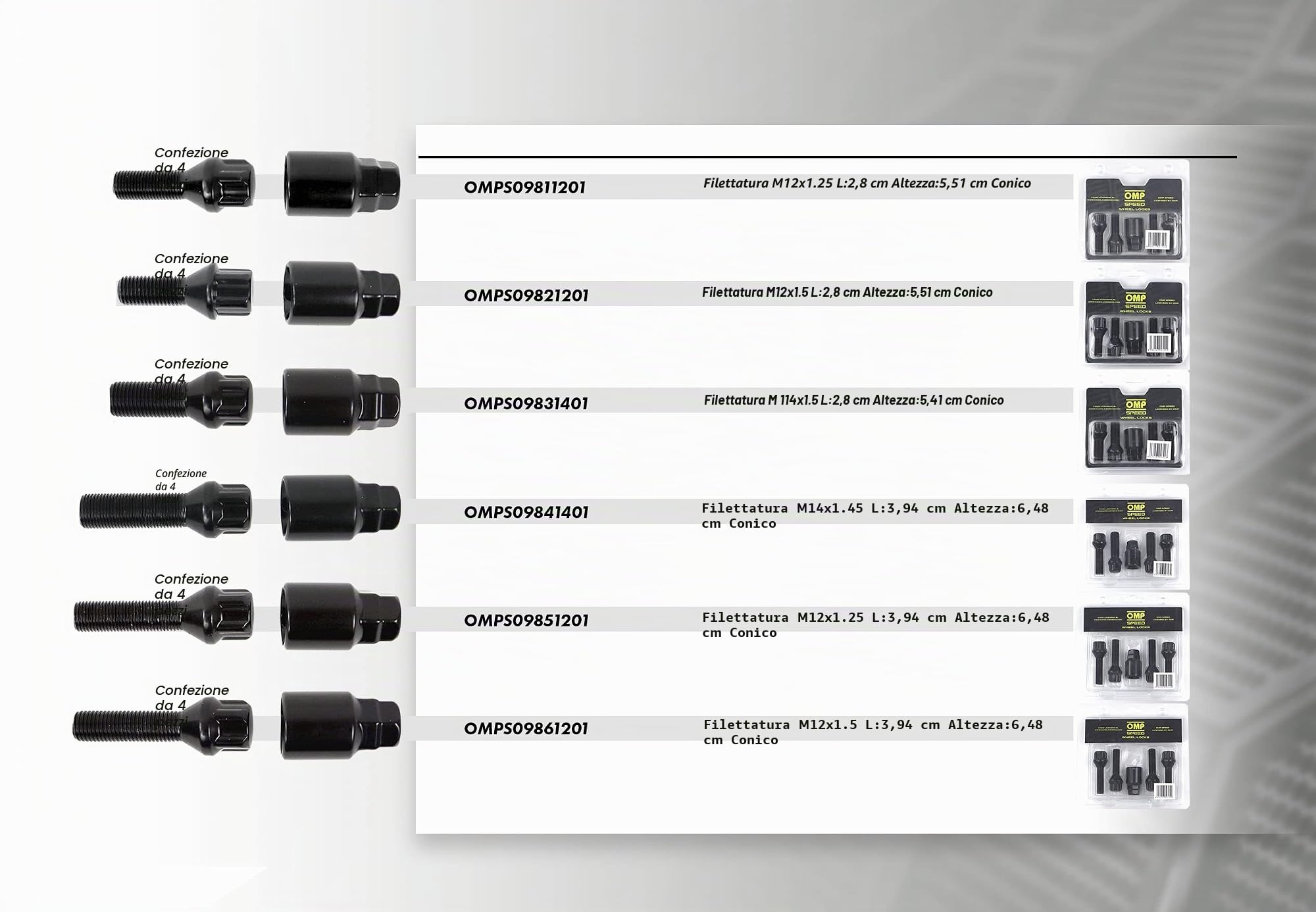 OMP Speed- Set di 4 viti antifurto, chiave speciale, cerchi M12X1.25, filettati 40mm lunghi, antifurto, forma conica