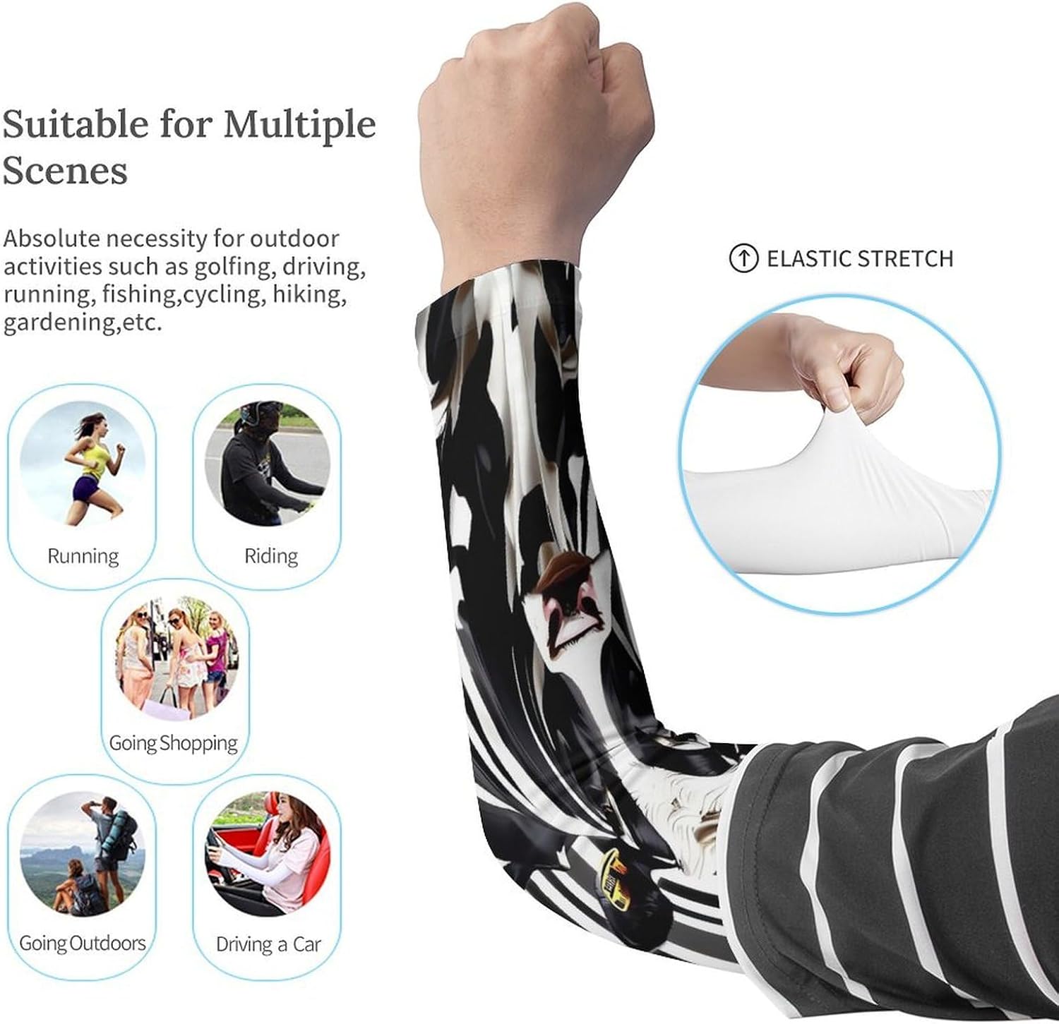 Cooling Arm Sleeves for Men Women Compression Arm Sleeve Black White Milk Cow UV Sun Protection Arm Sleeves