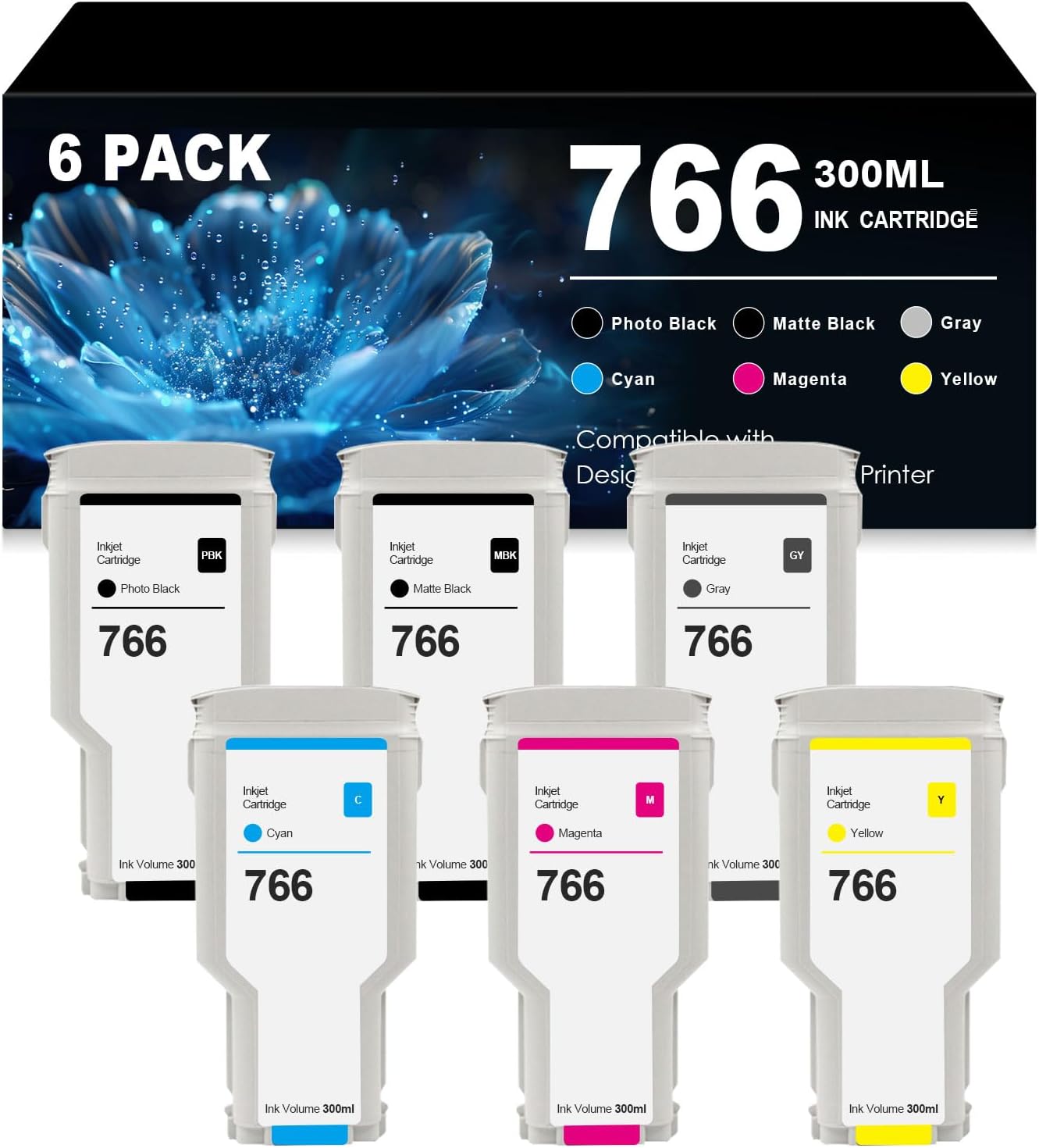 766 Ink Cartridges 6 Pack (MBK/PBK/GY/C/M/Y) Replacement for HP 766 Ink Cartridges for DesignJet XL3600 Printer (6-Pack, 300ML)