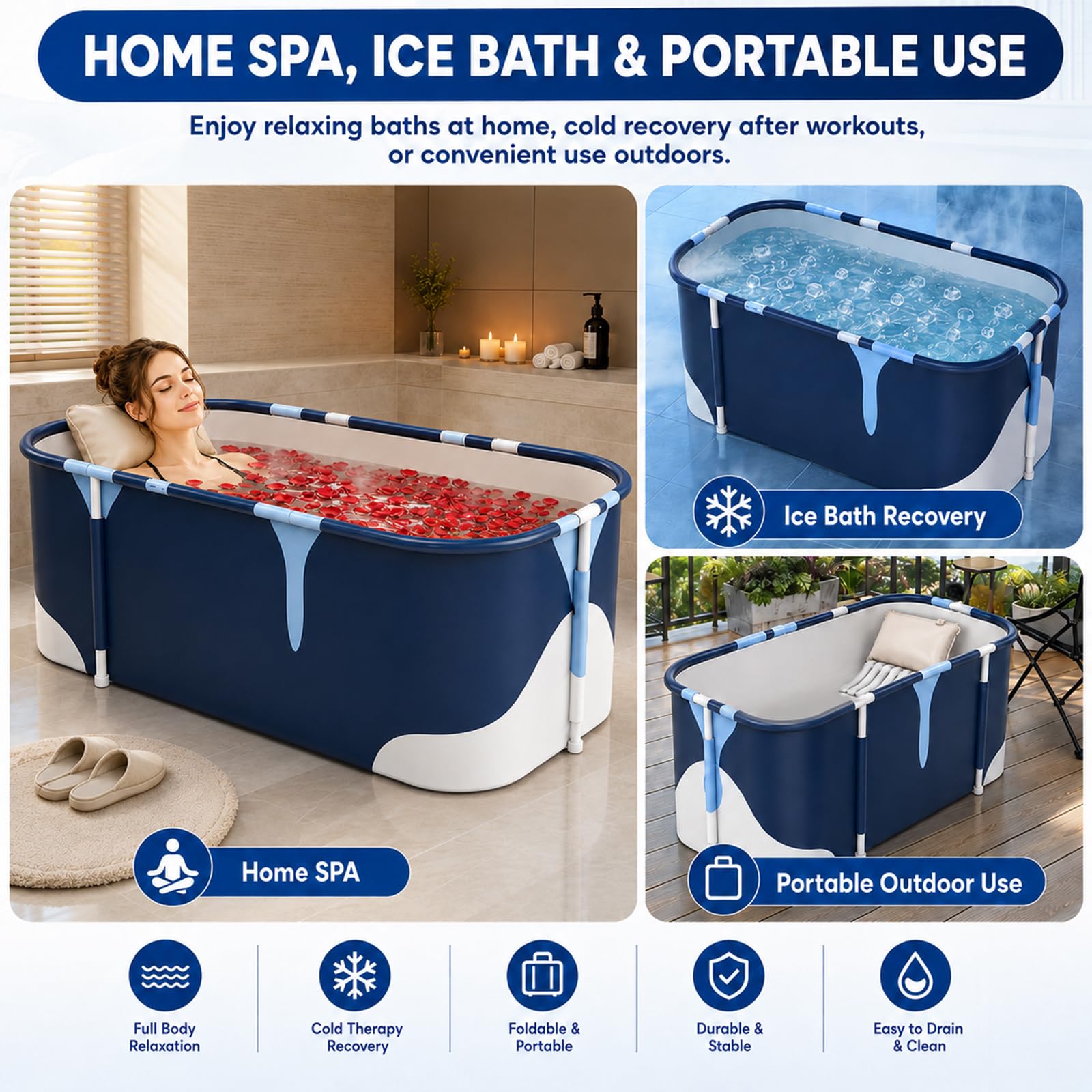 Faltbare Badewanne Erwachsene Komfort Größe 140cm Beinfreiheit Mobile Wanne Klappbar mit 6 Lagen Isolierung für Dusche inklusive Rückenlehne und Sitzkissen ideal für Home Spa und Eisbad Outdoor
