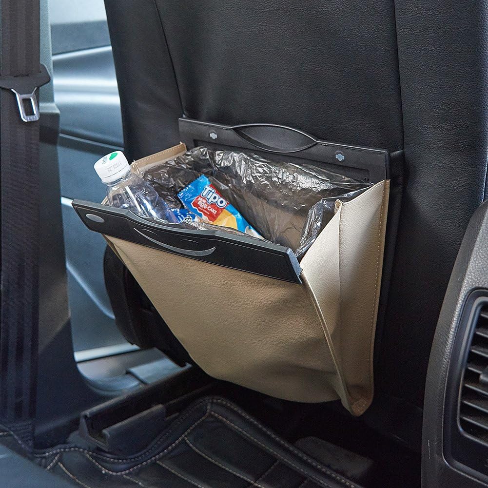 UR URLIFEHALL Beige Portable Car Trash Can Auto Back Seat PU Leather Car Garbage Can Auto Trash Bin Garbage Bags Car Pocket Organizer Wastebasket Bag