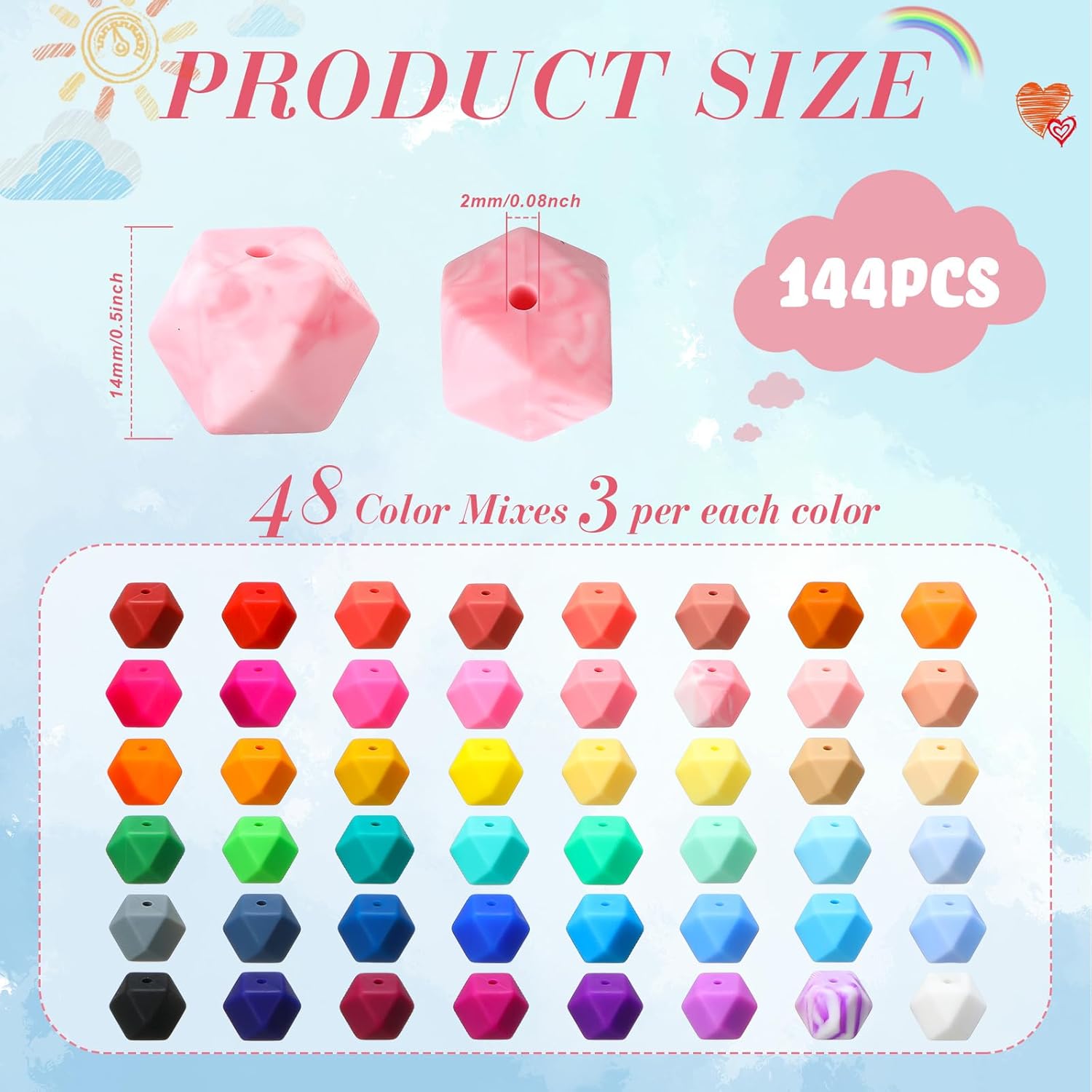 Hotop 144 Pcs Hexagon Silicone Beads Bulk 48 Colors 14mm Silicone Beads for Keychain Making Kit Rubber Focal Loose Beading for Necklace Bracelet Lanyard Making