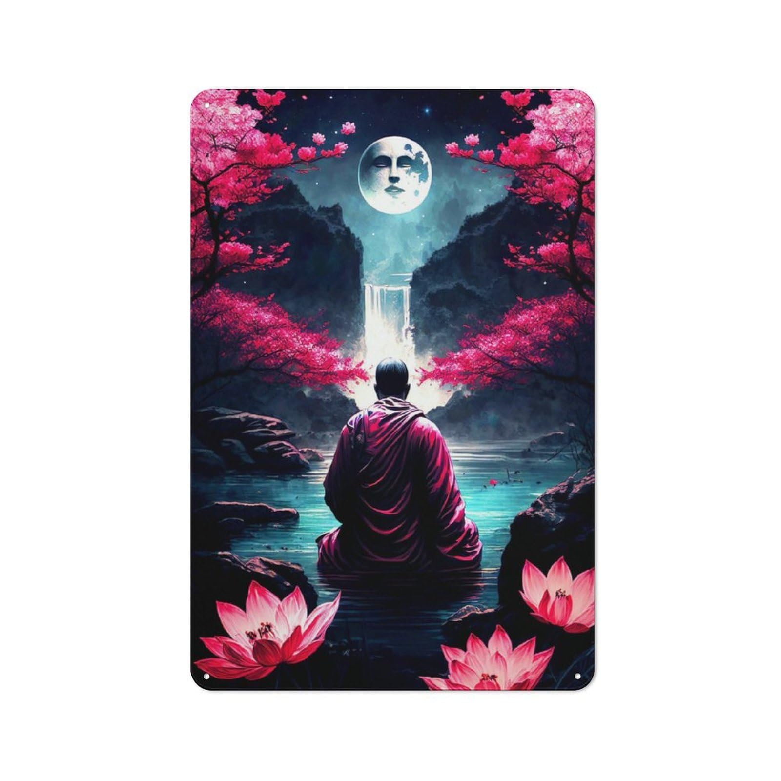Junmoney Japanese Meditating Monk Retro Metal Plaque 30X20cm For Garage Or Workshop, Housewarming Wall Decor For People Furnishing Garage And Workshop