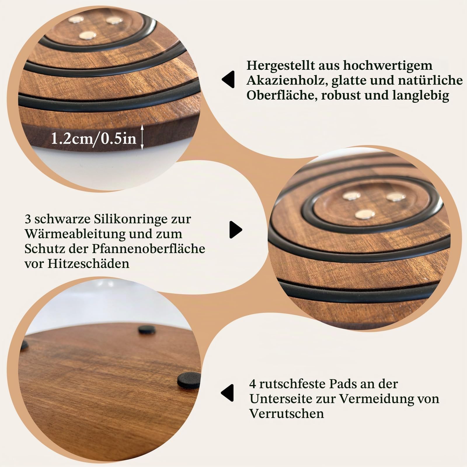 Magnetische Untersetzer aus Holz für heiße Töpfe und Pfannen, hitzebeständiger Untersetzer aus Akazienholz mit gepolsterten Silikonstreifen für Le Creuset Dutch Ovens heiße Gerichte und Töpfe,