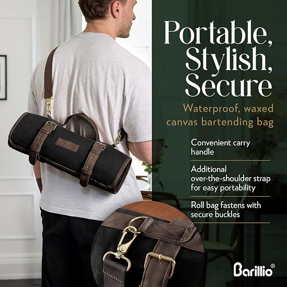 Barillio Bartender Kit Bag with Black Cocktail Shaker Set - Waxed Canvas, Traveling Bar Tools Bag with 17-Pc Cocktail Kit - Travel Mixology Bartending Kits - Mobile Bar Roll with Strap & Accessories