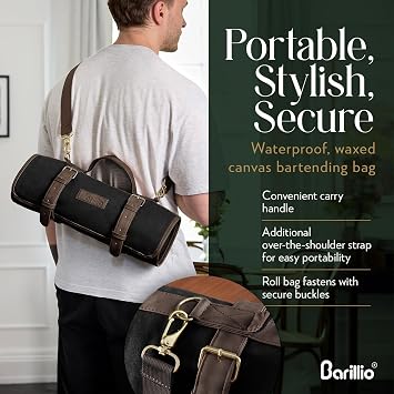 Barillio Bartender Kit Bag with Black Cocktail Shaker Set - Waxed Canvas, Traveling Bar Tools Bag with 17-Pc Cocktail Kit - Travel Mixology Bartending Kits - Mobile Bar Roll with Strap & Accessories