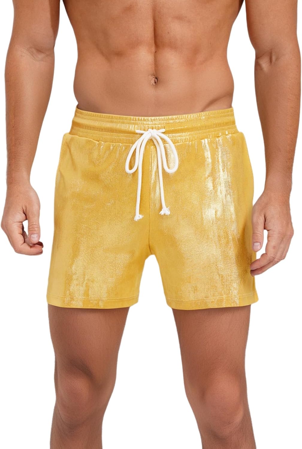 Vxuxlje Mens Shiny Metallic Board Shorts Shimmering Drawstring Elastic Waistband Rave Dance Shorts