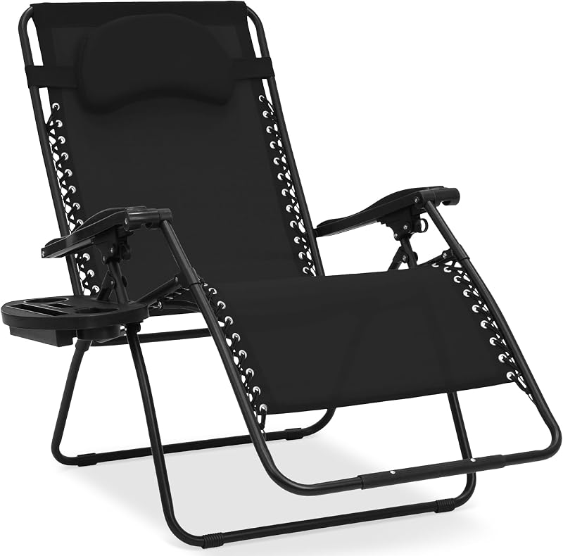 Oversized Zero Gravity Chair, Folding Outdoor Patio Lounge Recliner w/Cup Holder Accessory Tray, Pillow - Black