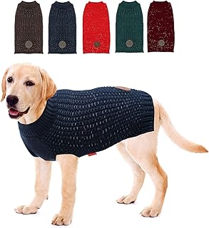 KYEESE Dog Sweaters with Reflective Yarn for Fall Winter Warm Pullover Dog Knitwear with Leash Hole for Large Dogs, Navyblue, XXL