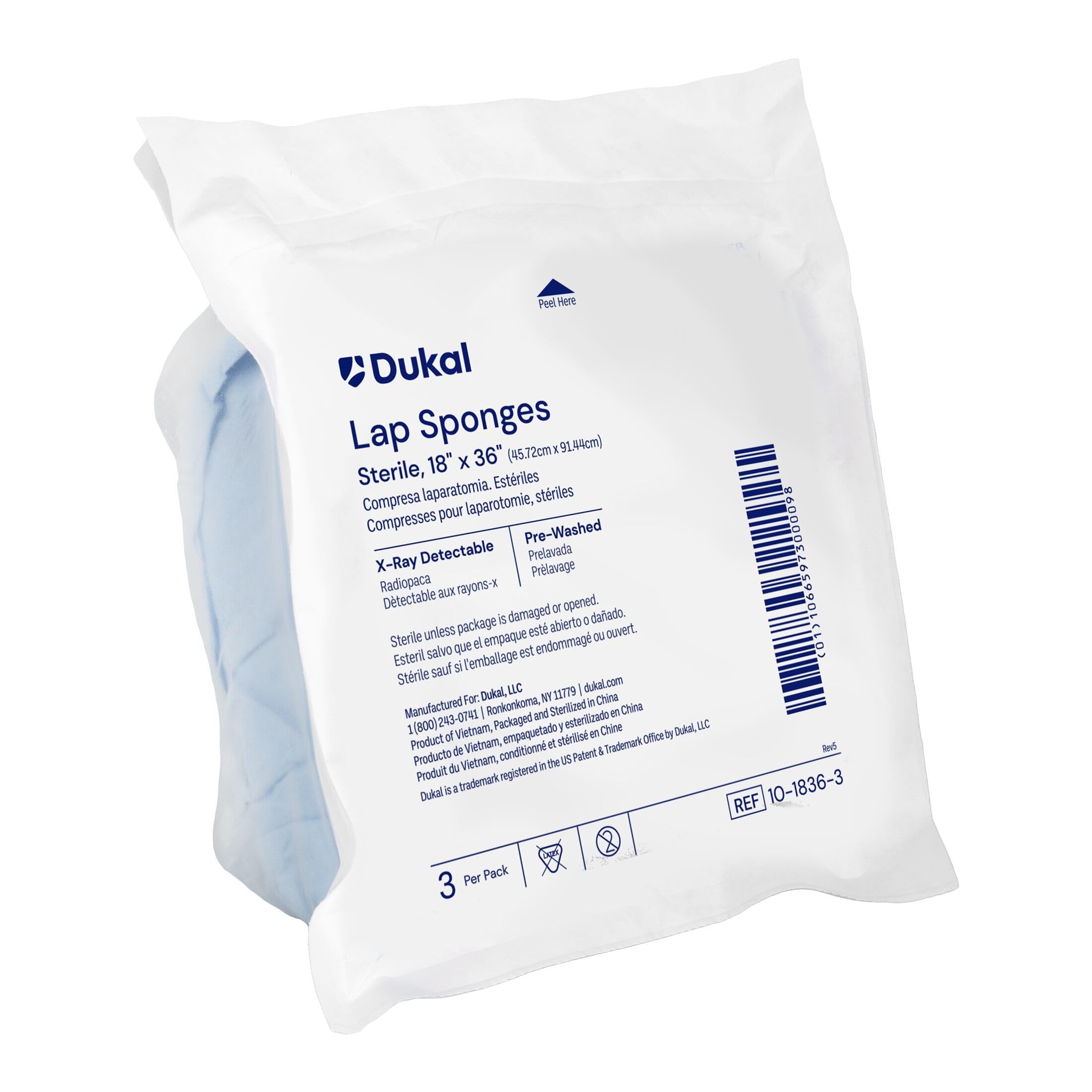 DUKAL Laparotomy Sponge, Prewashed, Xray, Soft Pack, 18" x 36", Sterile (Pack of 60)
