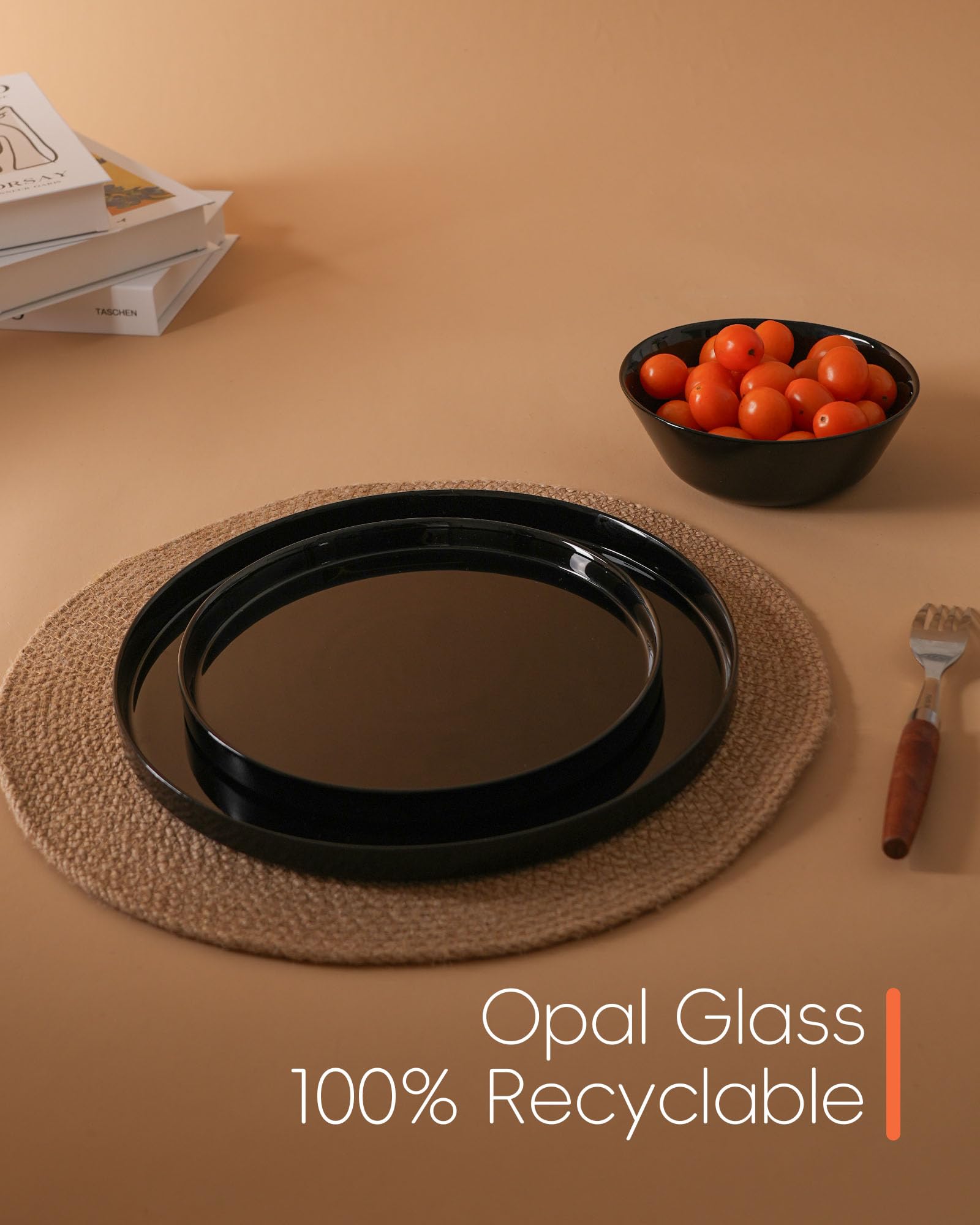 LaGlint Juego de vajilla de 12 piezas para 4 personas, platos y cuencos en vidrio opal, apto para microondas y lavavajillas, resistente a astilladuras y arañazos, color negro