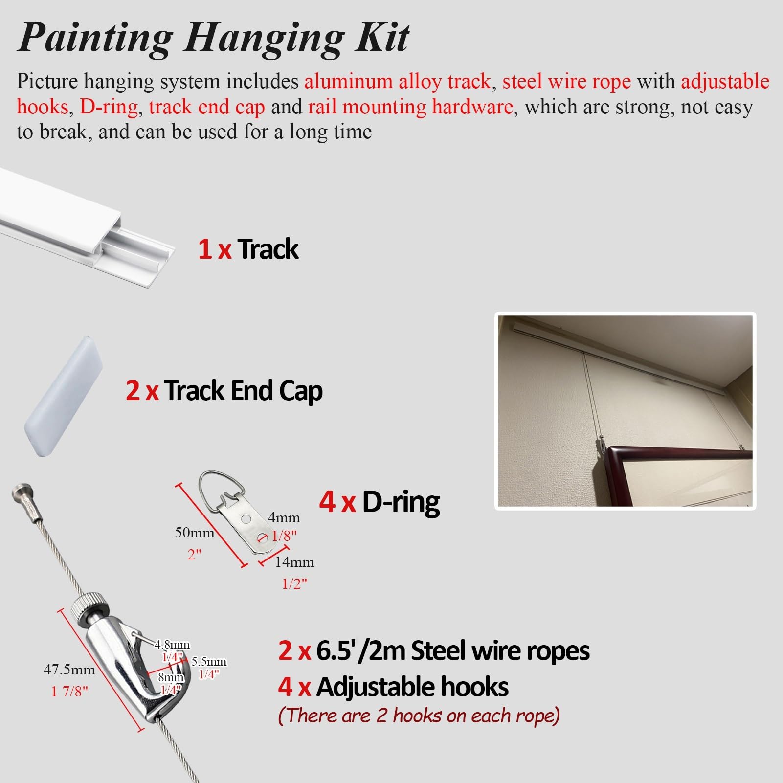 Cimaise pour Tableau Rail d'accrochage pour Plusieurs Tableaux, Système de Fixation pour Cadres de Miroirs Haute Capacité, Support d'affichage Photo(6.5'/2m Cable,20"/50cm Track)